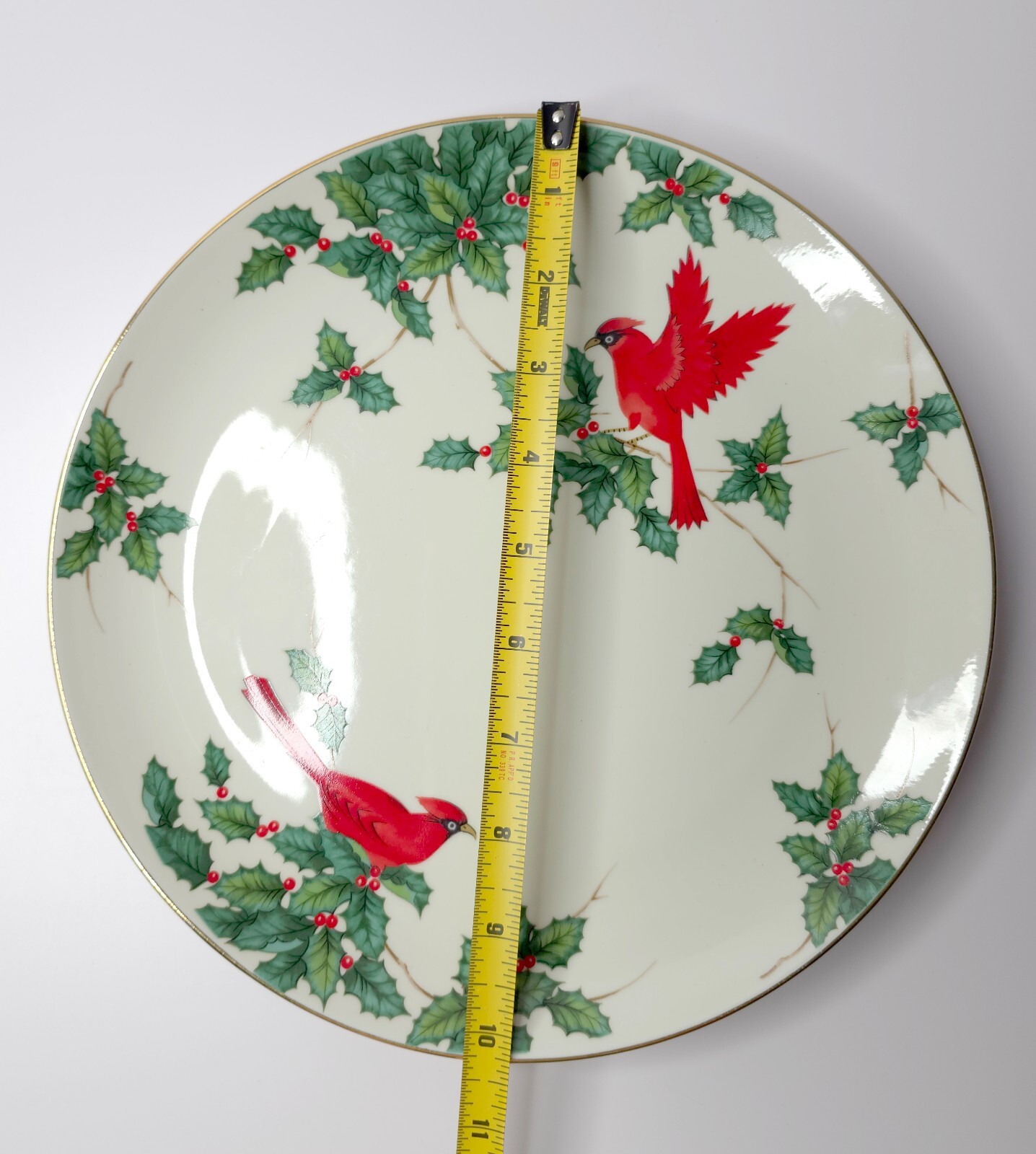 Vintage Lefton Cardinal Christmas 10.25″ Large Dinner Plate Gilt Edge 1993 01207
