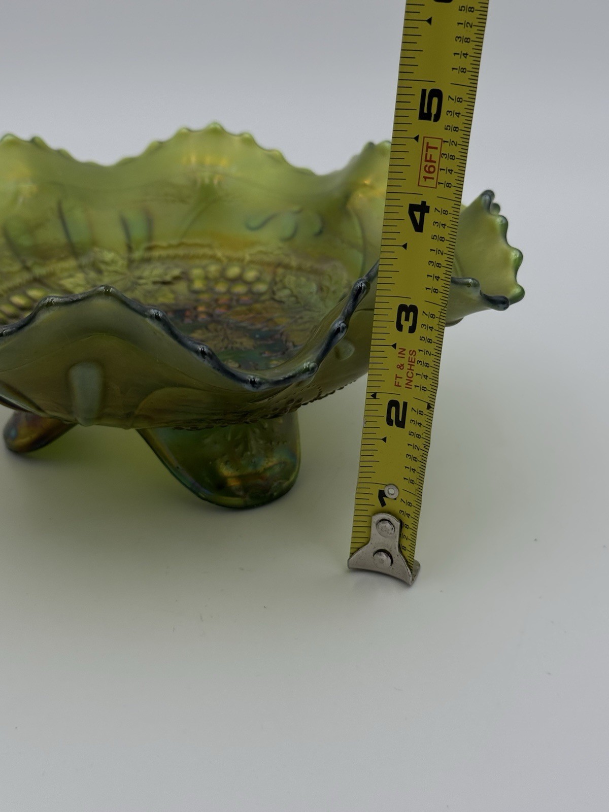 Northwood Green Grape And Cable Spt. Ftd. Carnival Glass Bowl