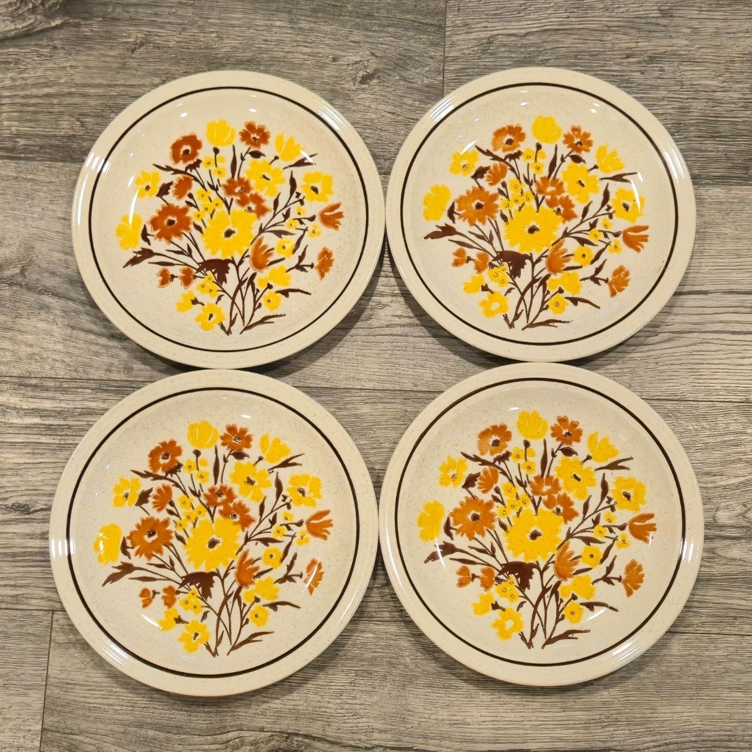 Vintage floral Stoneware dinner plates 1970s Botanical speckled Garden dining x4