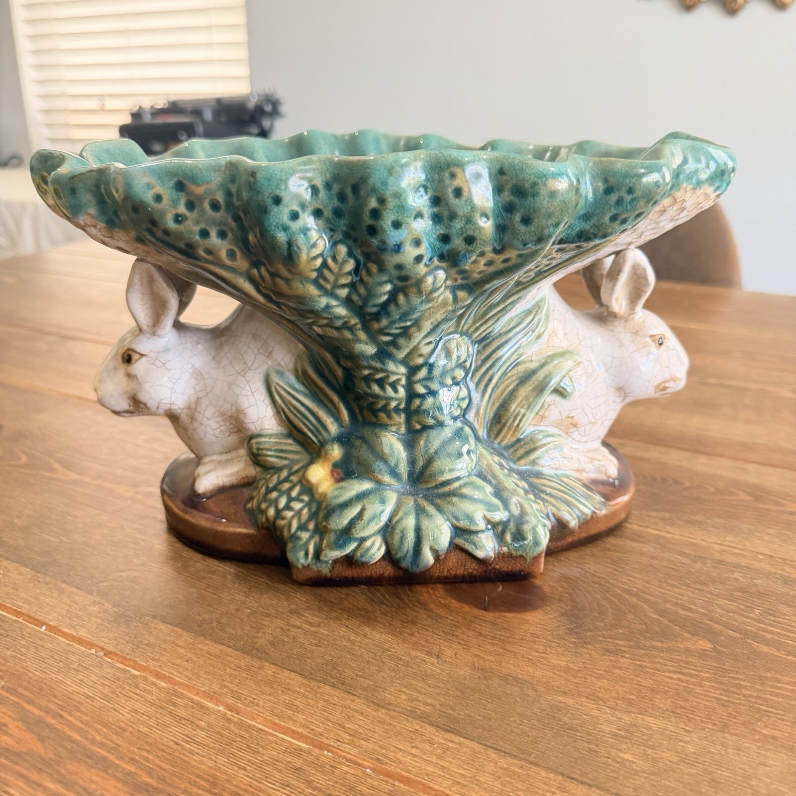 Vtg Majolica Double Rabbit Pedestal Compote Fruit Bowl Centerpiece Easter
