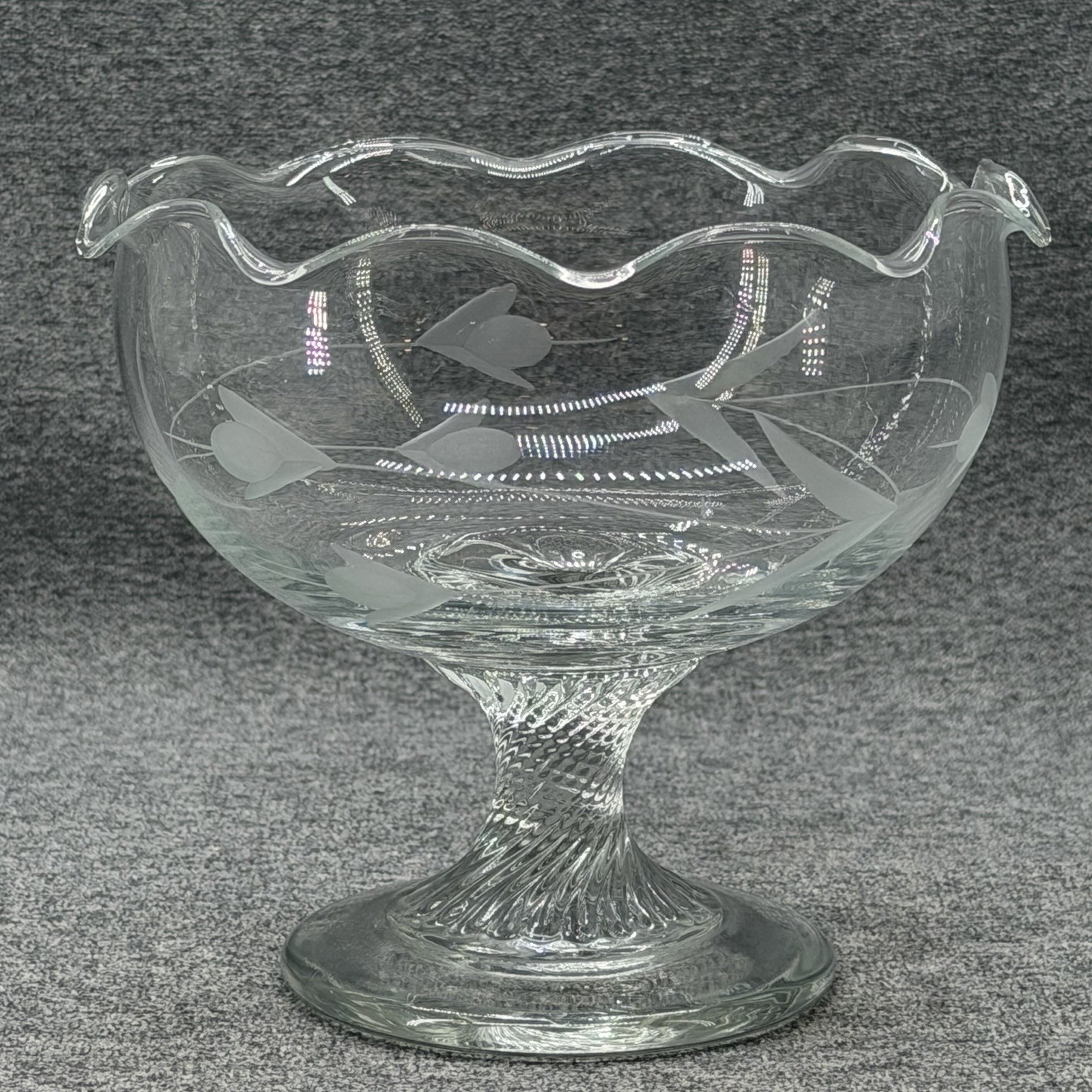 Vintage Glass Footed Pedestal Candy Dish Fruit Bowl Etched Floral Design 5 Inch