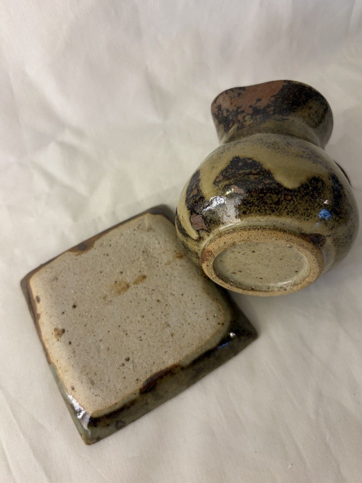Small Vintage Pottery Creamer Pitcher & Saucer Green & Brown Set