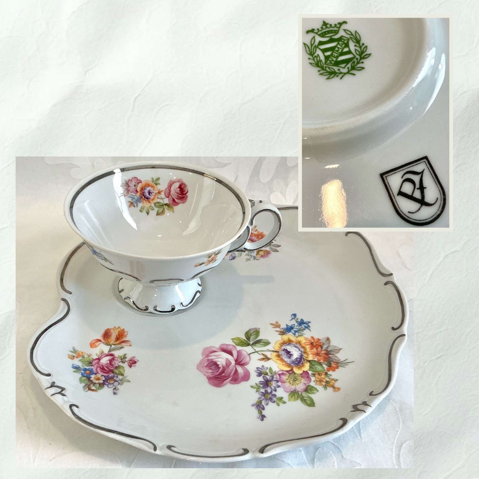 Vtg Weimar Porzellan 2-Piece Snack Set Hand Painted Floral Porcelain