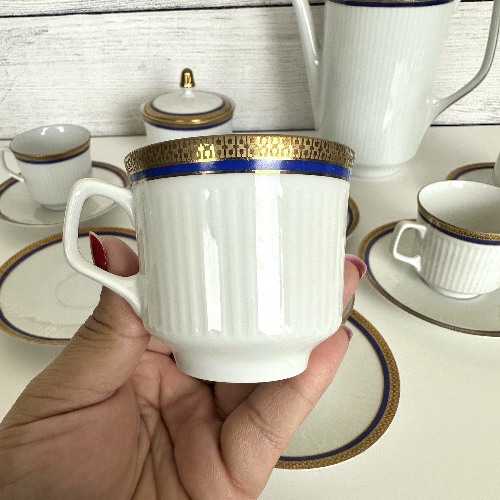 VTG Bareuther Bavaria Germany 100th Anniv. Coffee Set White Cobalt Gold 14 Piece