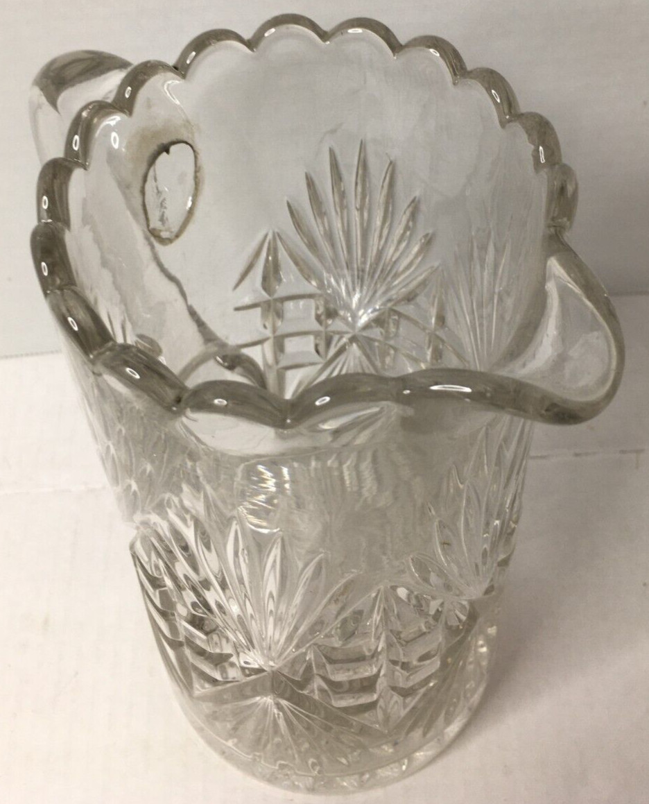 Retro Pressed Lead Glass Water Pitcher Clear Mid Century Modern Vintage 9″