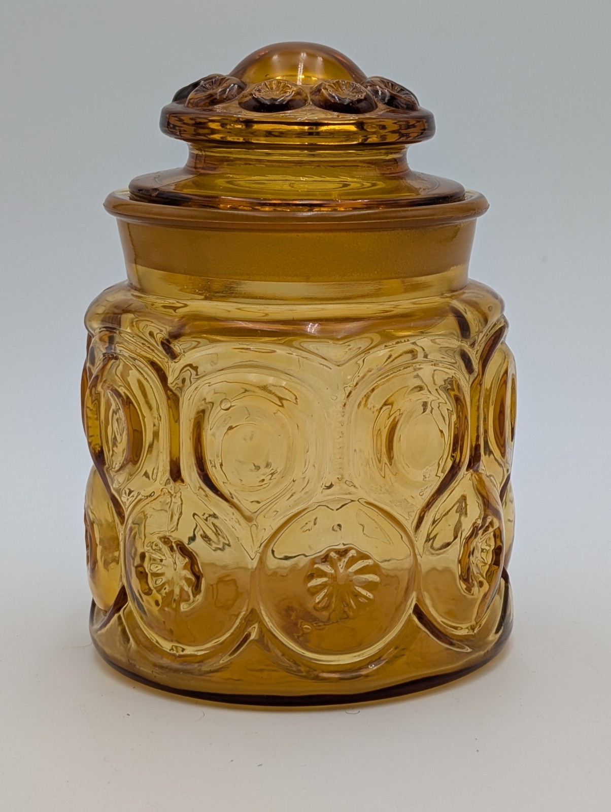 Vintage Amber Pressed Glass Covered Jar 7.5 inches