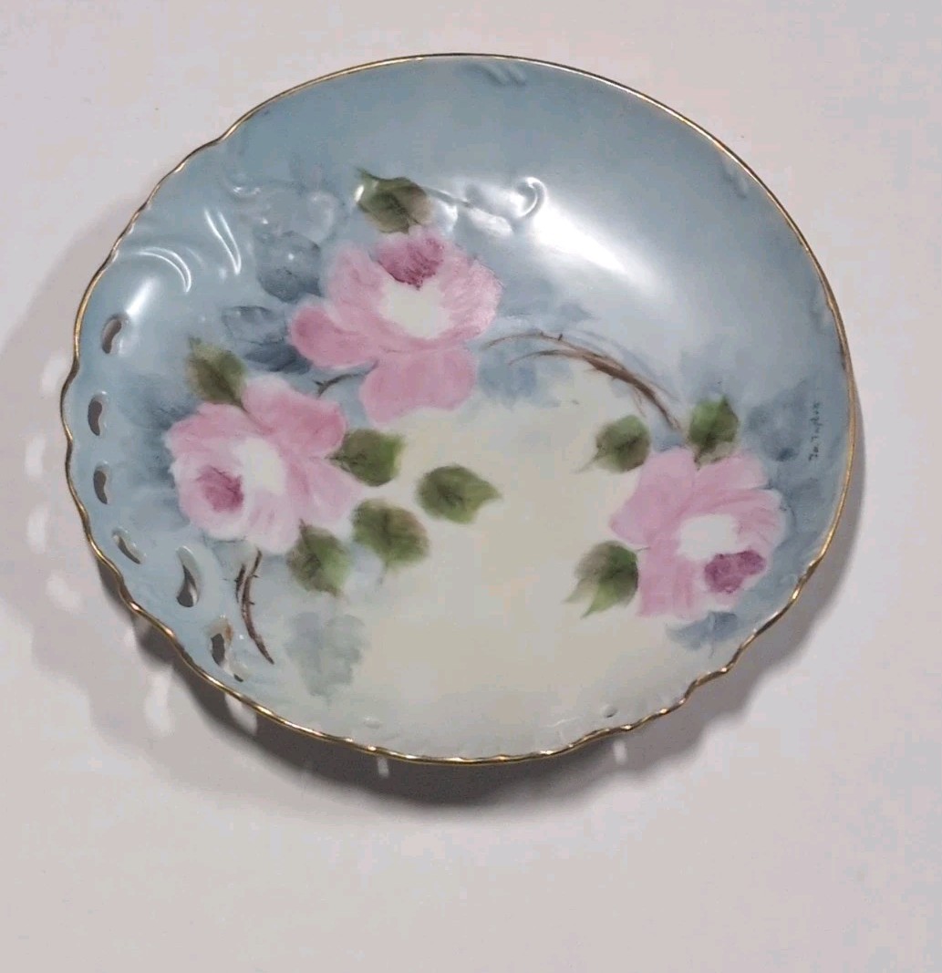 Vintage Hand Painted Plate Pink Roses Blue Background Gold Trim Pierced Rim…