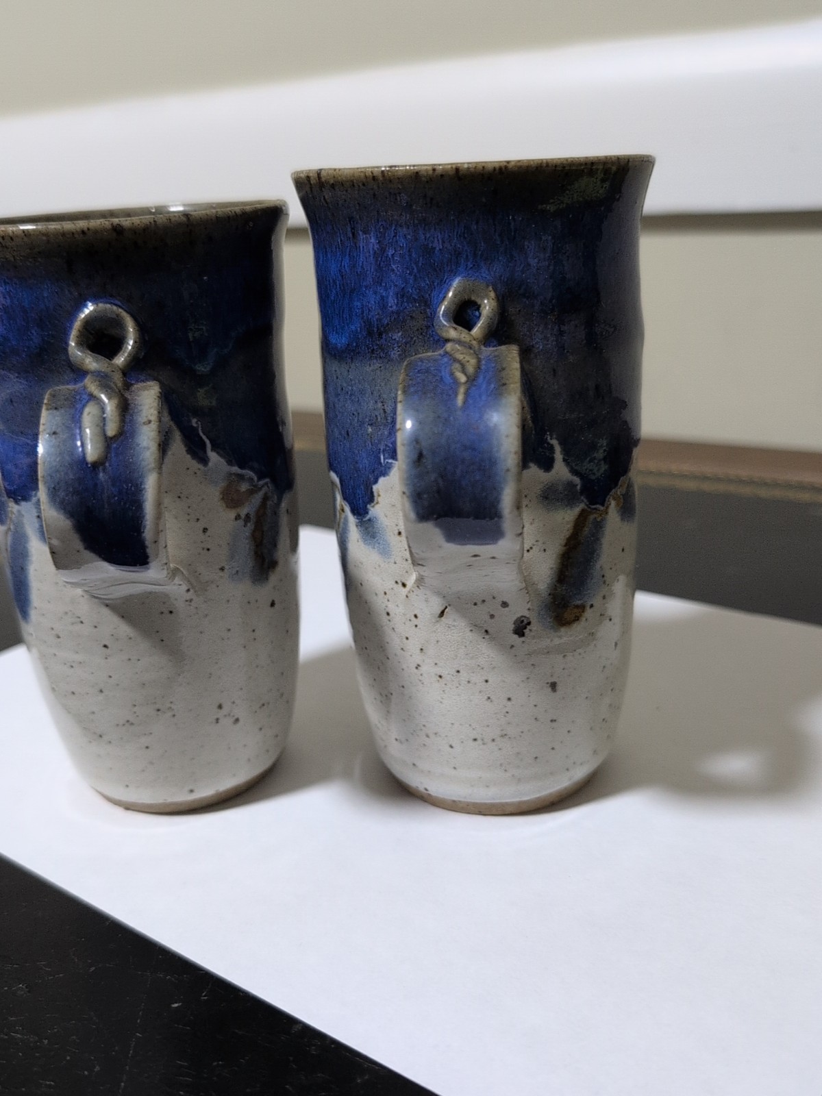 Studio Art Pottery Mugs Blue,Tan, Gray, Signed 1986 Glazed! Lot Of 2