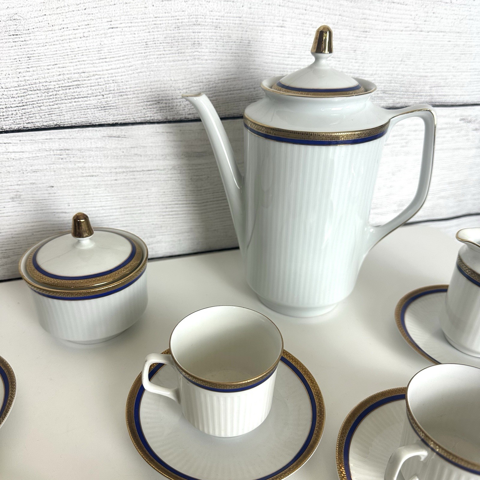 VTG Bareuther Bavaria Germany 100th Anniv. Coffee Set White Cobalt Gold 14 Piece