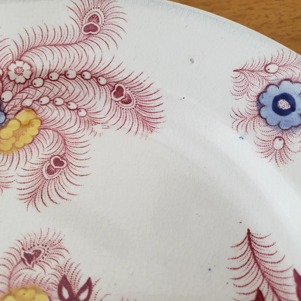 Antique Pink Feather Transferware Polychrome Plates 9” Set of 2 Wood & Challinor