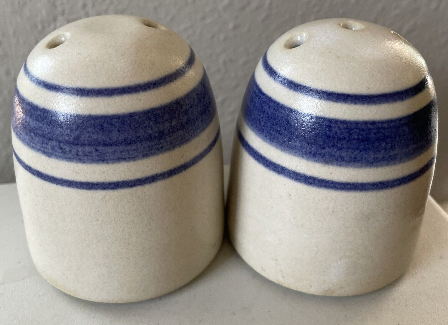 Handmade Pottery Salt & Pepper Dome Shakers Blue Beige Signed Corked Cottagecore