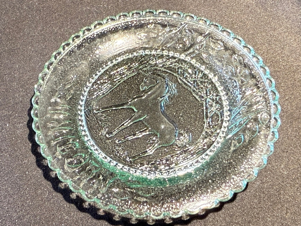 Green Vaseline glass Unicorn plate tea cup horse uranium pony saucer selenium 3″