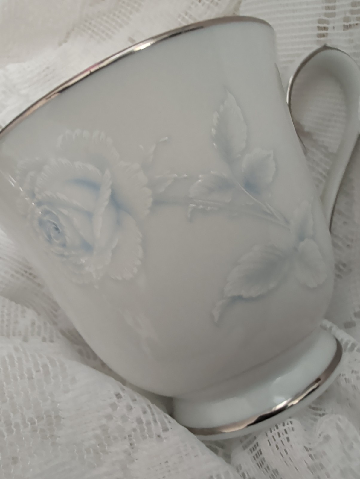 Noritake Virtue Tea Cup and Saucer Platinum Trim White & Blue Japan 2934 Vintage