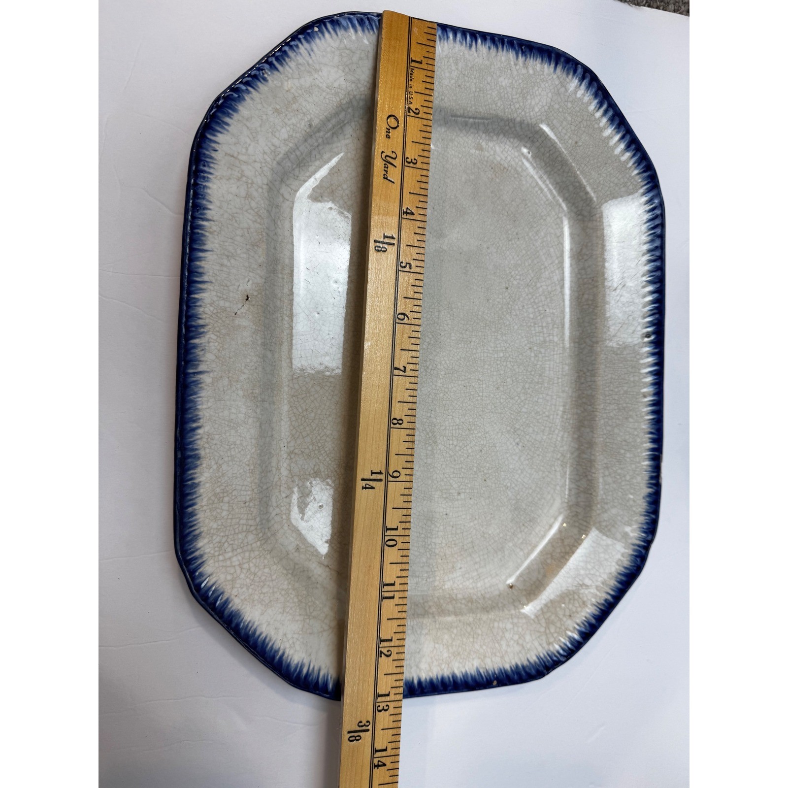 Antique Flow Blue Ironstone Platter Octagonal Feather Edge Serving Dish Leeds