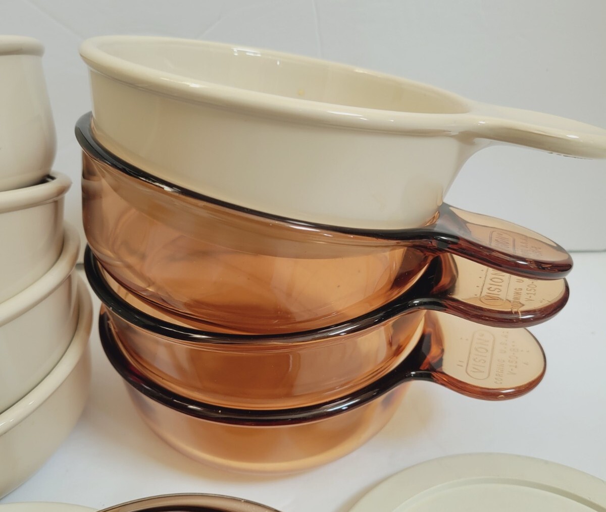 Set of 8 Vision Corning Amber & Tan Glass Grab It Bowls w/ Lids