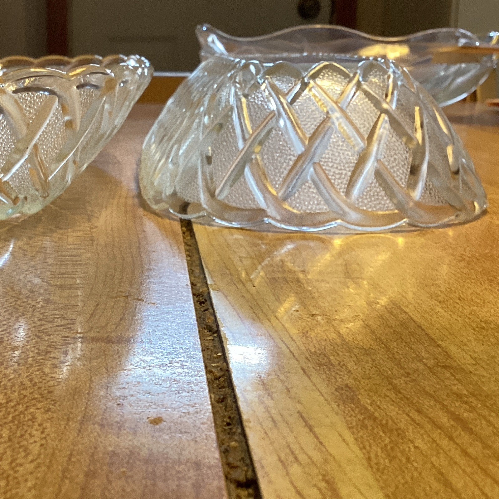 Unmarked Clear Pressed Glass Oval Bowl Set of 2 Diamond Pattern Serving Dish