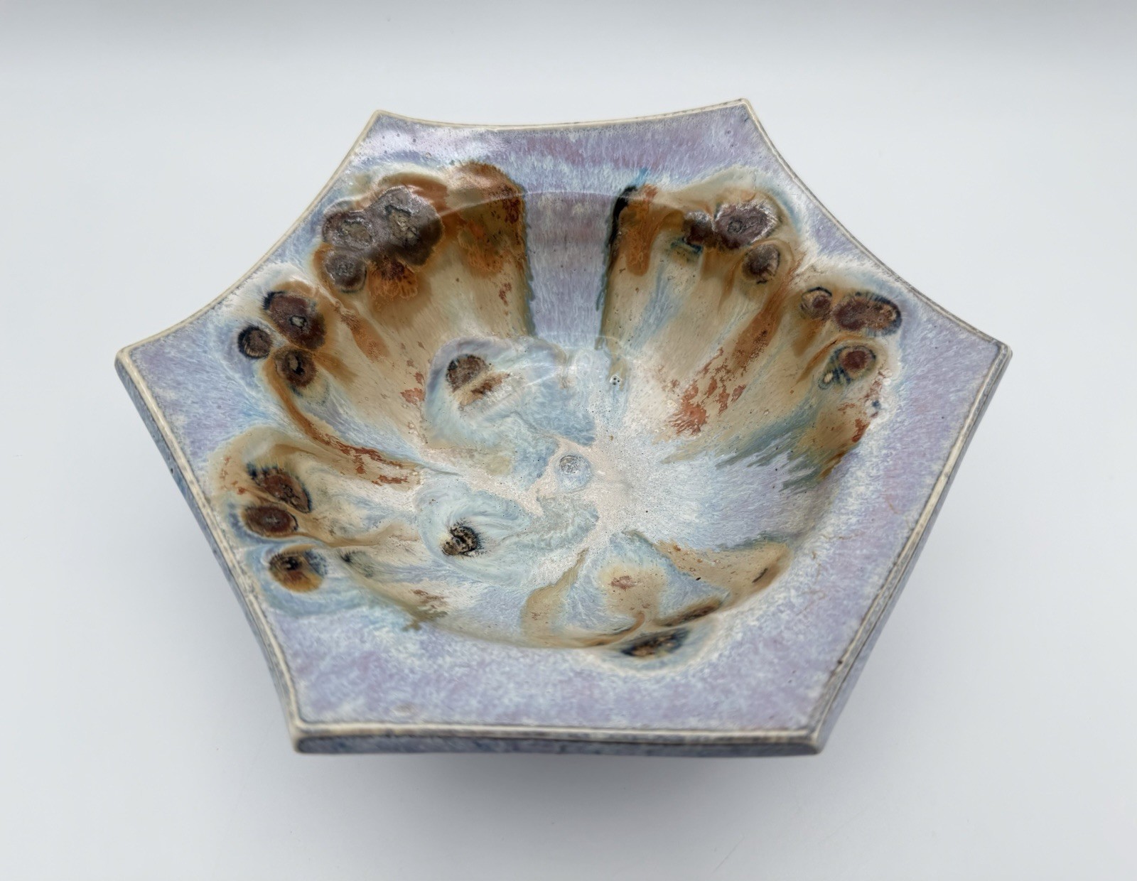Phil Mayhew Studio Art Pottery Drip Glaze 8″ Bowl Hexagon Shape Artist Signed