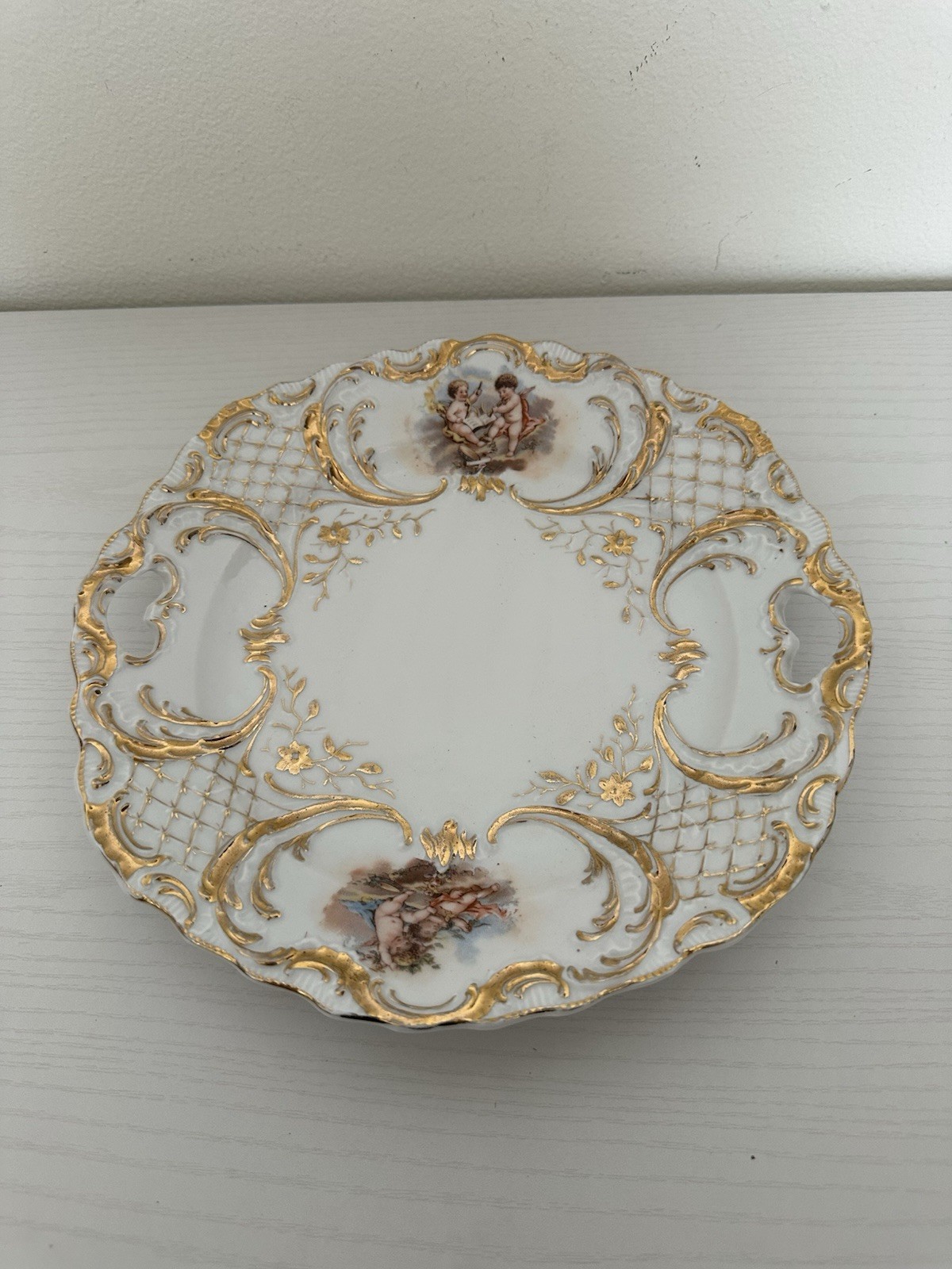 Antique Victorian Porcelain Serving Bowl Plate Cherub Angel Heavy Gold Gilt