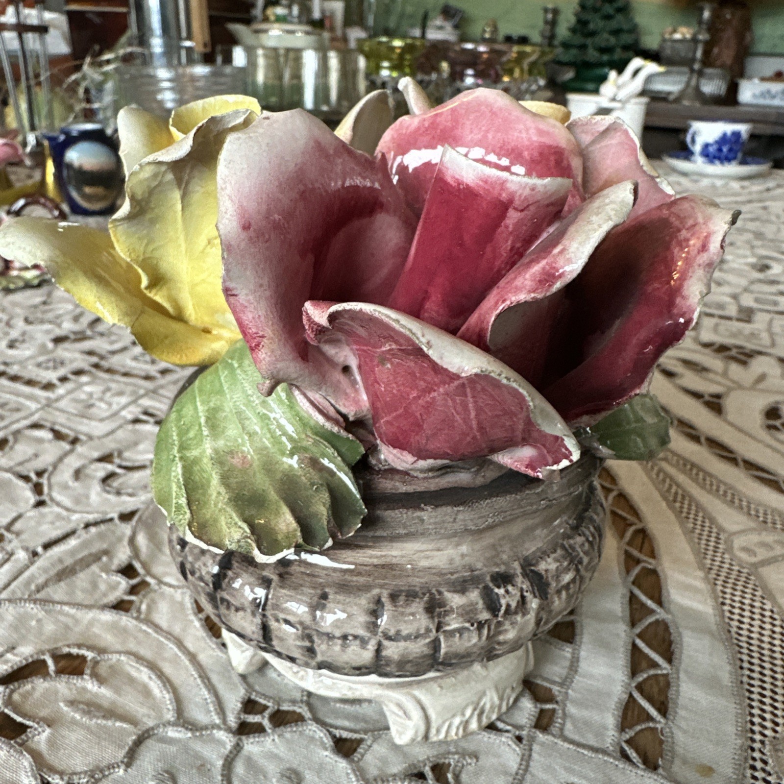 Vintage 1950’s Italian Capodimonte 3 Rose Floral Bouquet Footed Centerpiece