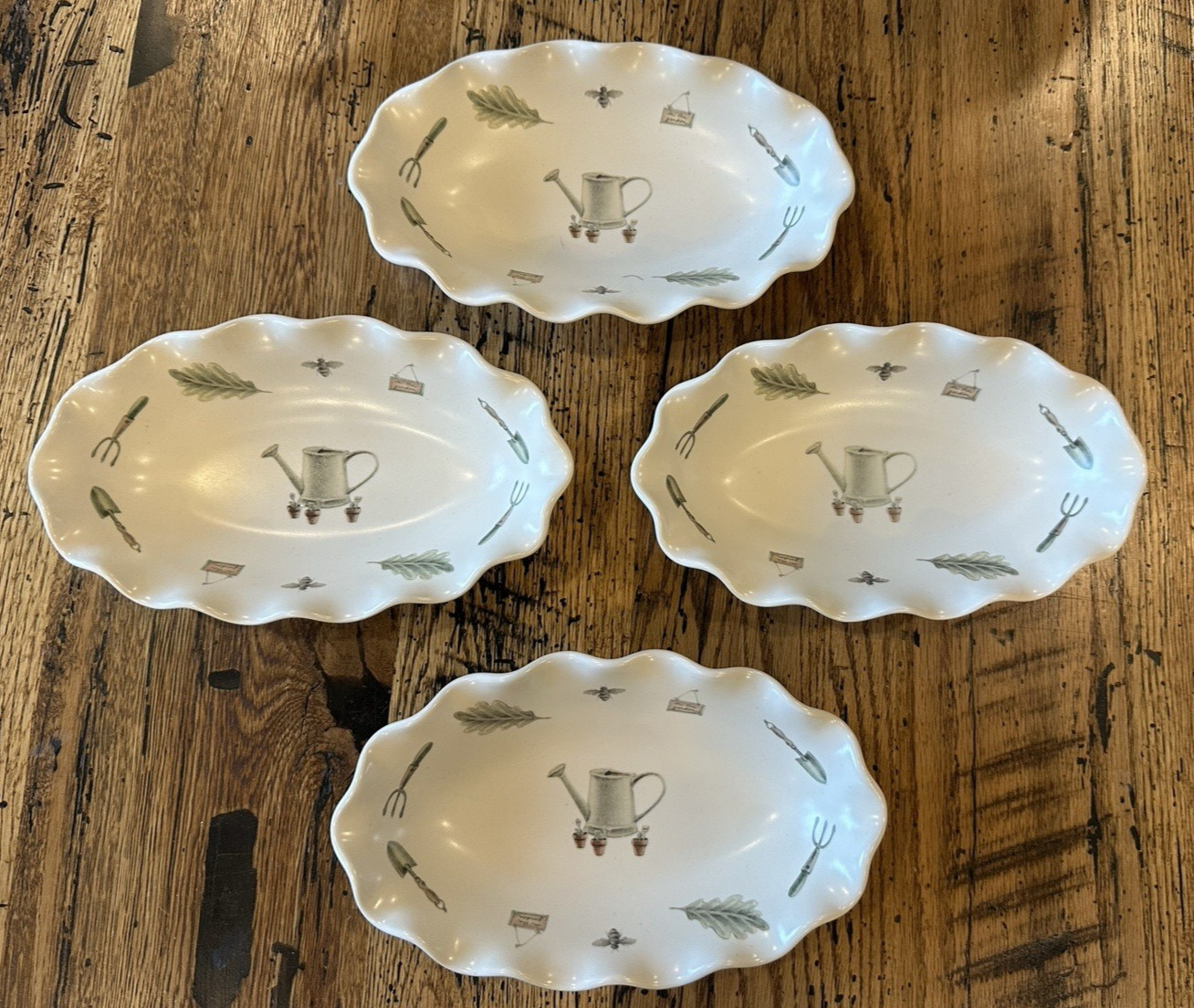 4 – Pfaltzgraff Naturewood Fluted Ruffled 9.25“ Oval Dish Relish/Candy/Nuts