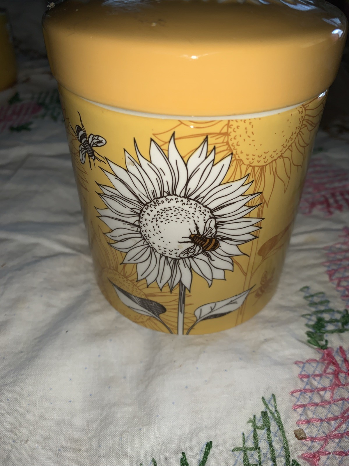 Covered Jar Small 6 “ Sunflower And Bees