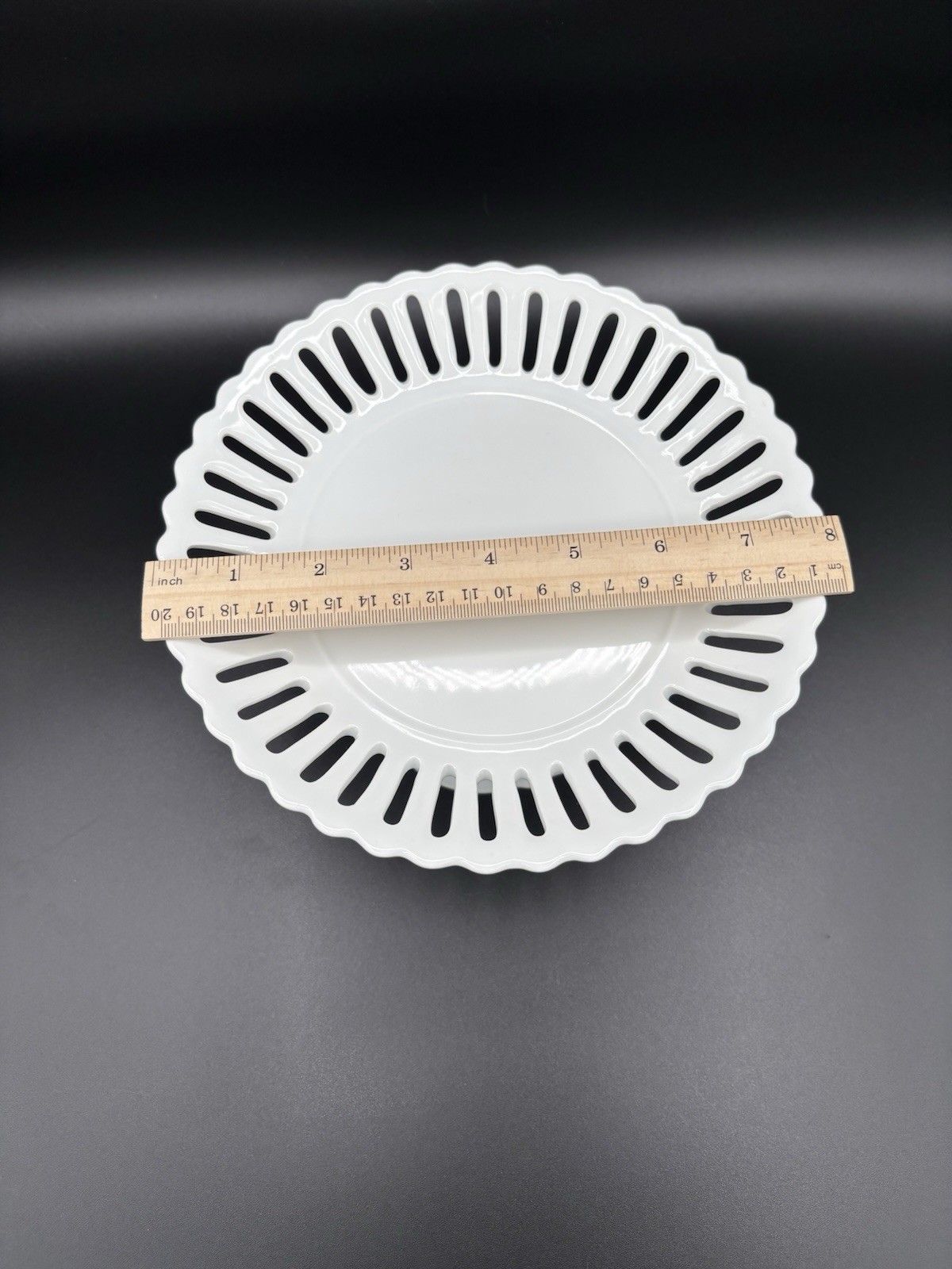 Two’s Company White Ceramic 7.75 x4.5” Cake Pie Dessert Stand Perforated Banding