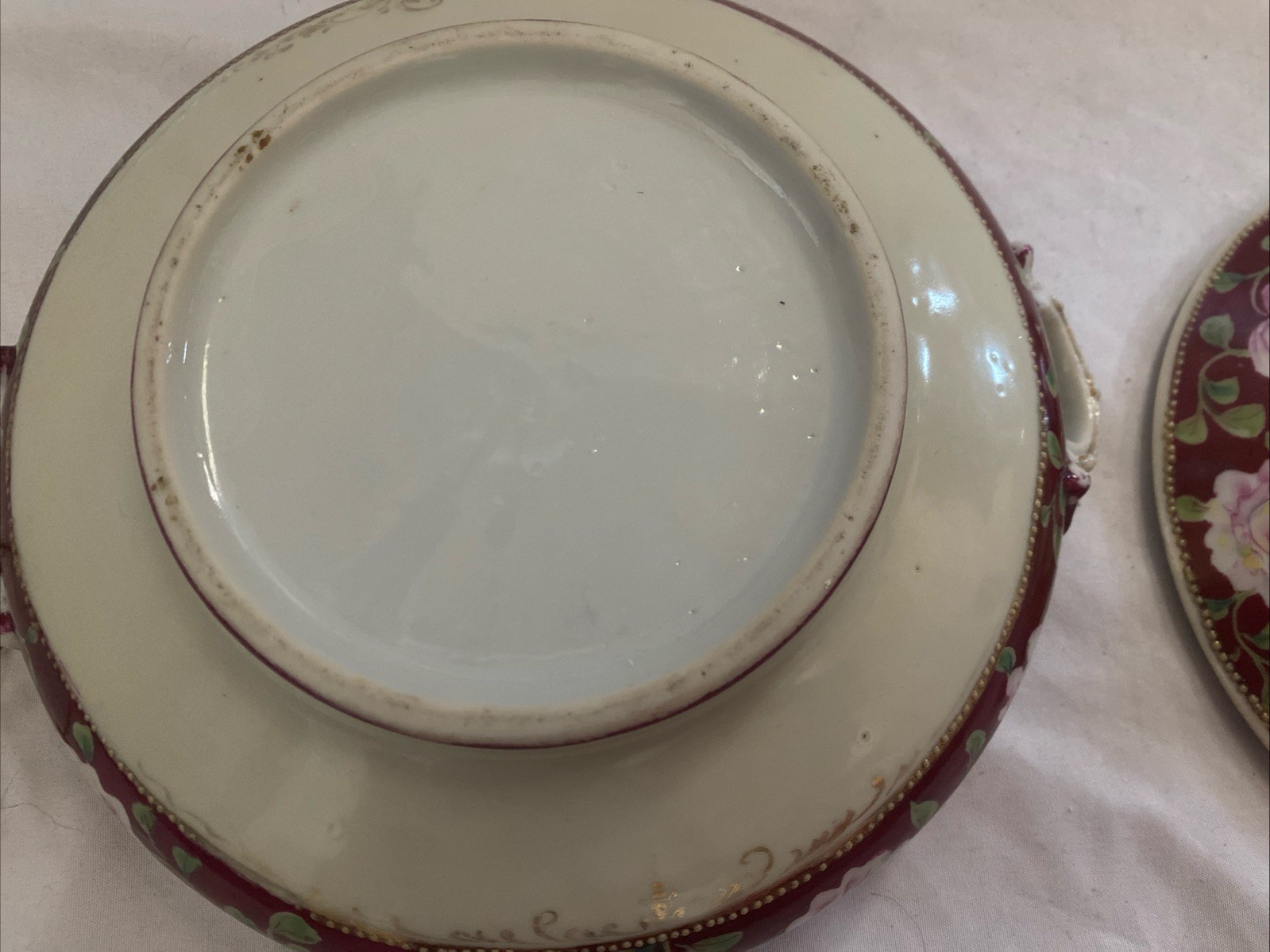 Antique Pink Cabbage Rose Applied Gold Red Pre-Nippon Bowl With Lid