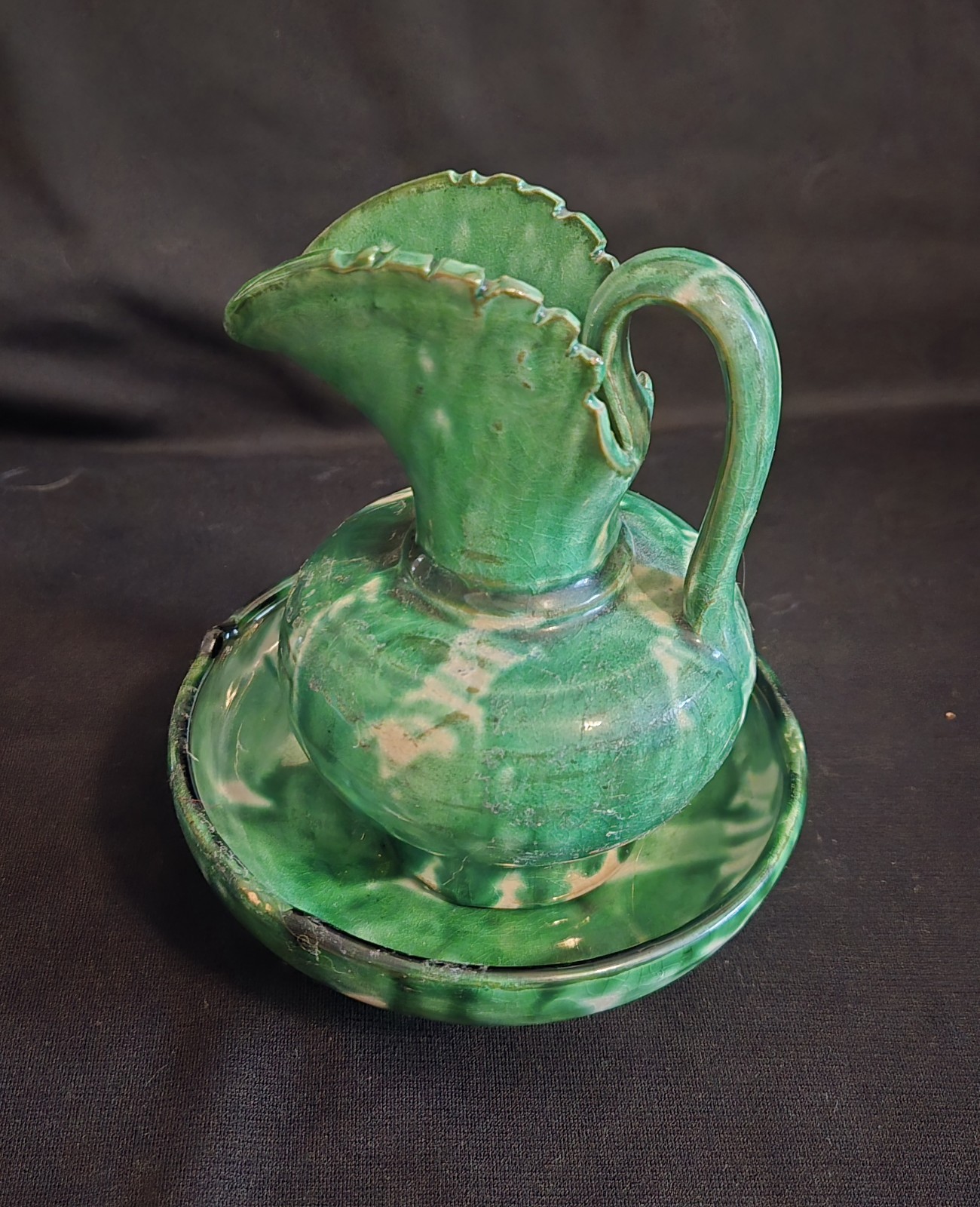 Vintage floral ceramic pitcher creamer and saucer, Green & White