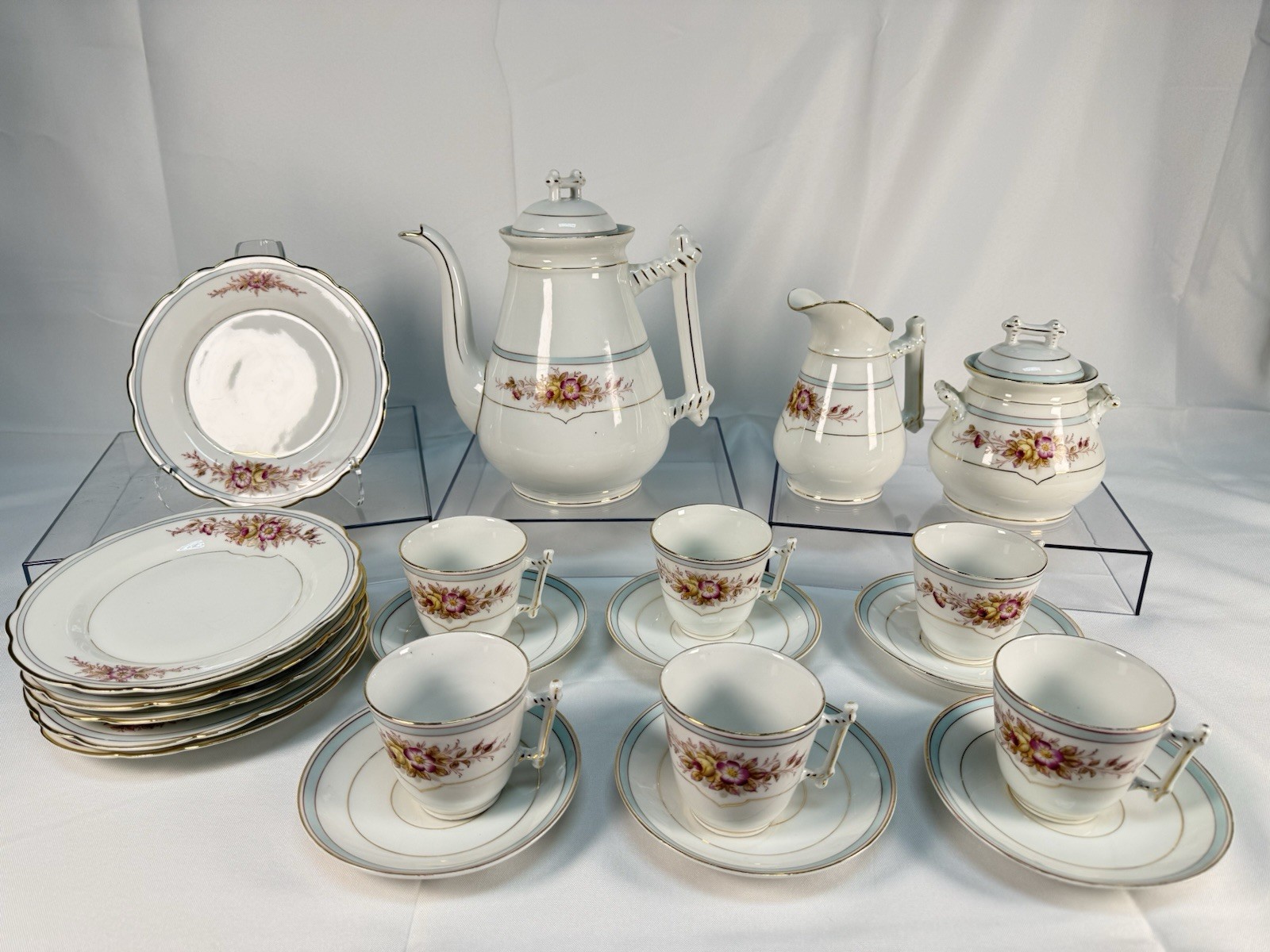Antique KPM Waldenburg German Porcelain Coffee Tea Set 25pc Branch Handle Rose