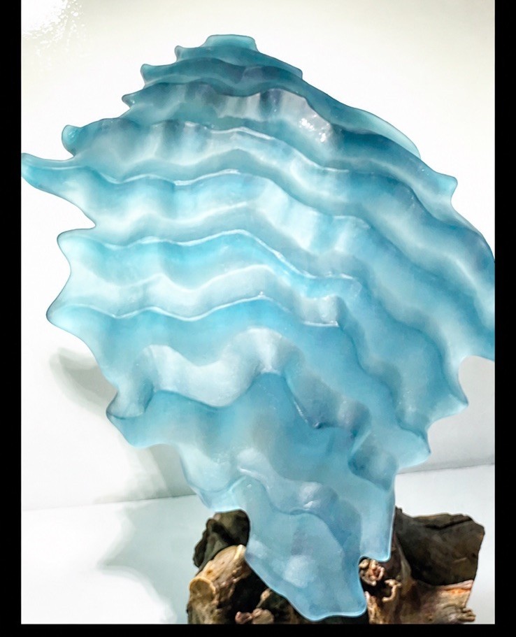 Postmodern Carved + Shaped Aqua Art Glass Asymmetrical Shallow Bowl