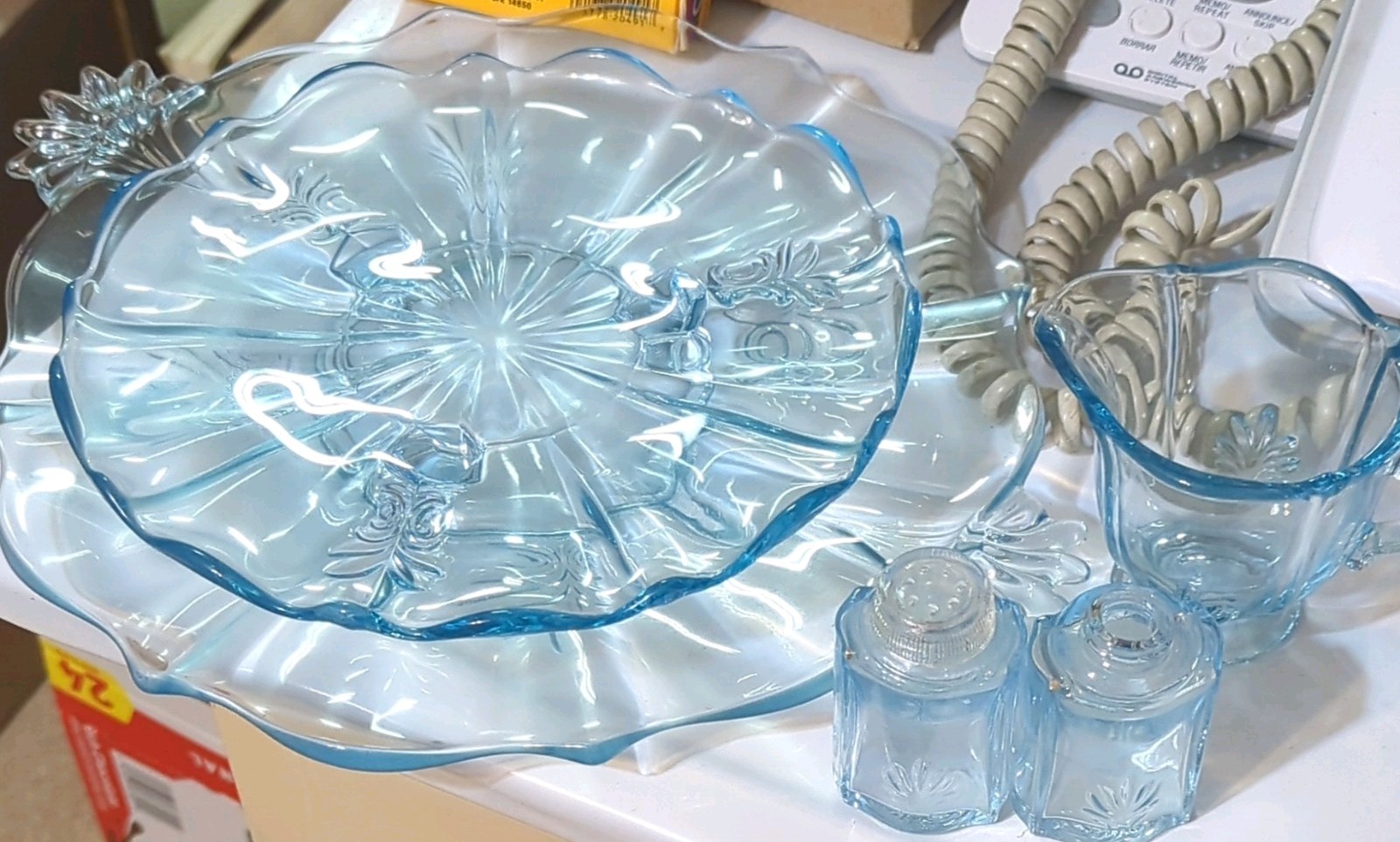 Blue & Clear Glass Set Missing One Top Of Shaker