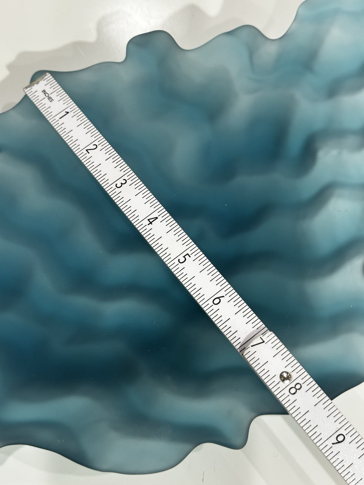 Postmodern Carved + Shaped Aqua Art Glass Asymmetrical Shallow Bowl