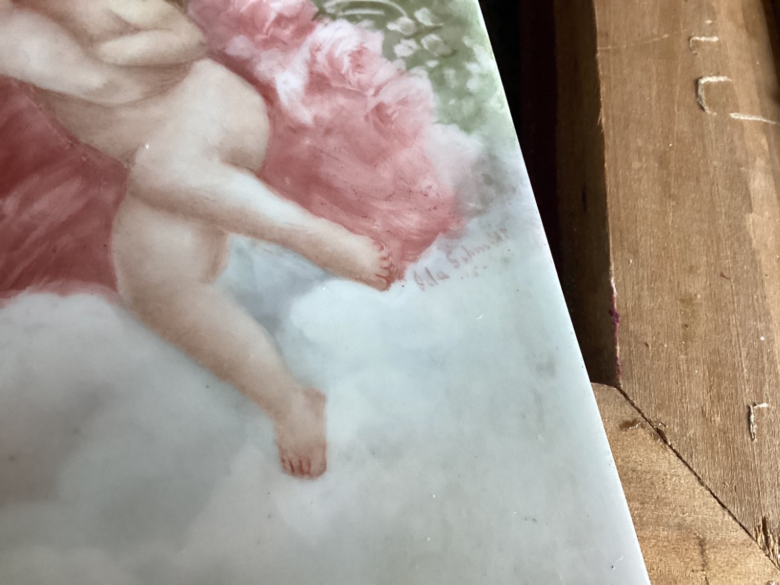 Antique 14×6” T&V Limoges HandPainted Porcelain Tile Plaque Artist Signed Cherub