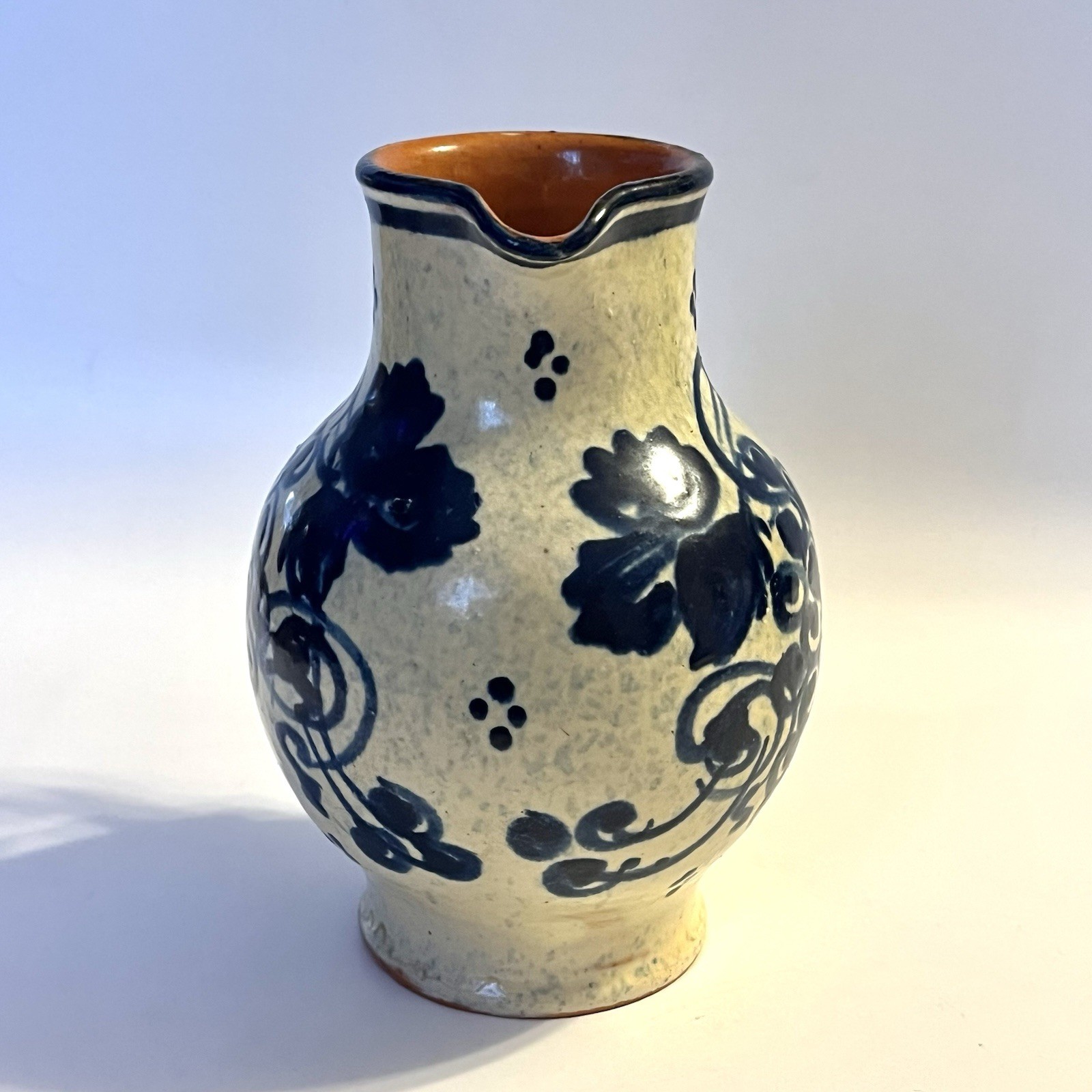 Vtg K Schafer GERMAN Pottery Pitcher Handmade Pale Yellow Cobalt Blue Edenkoben