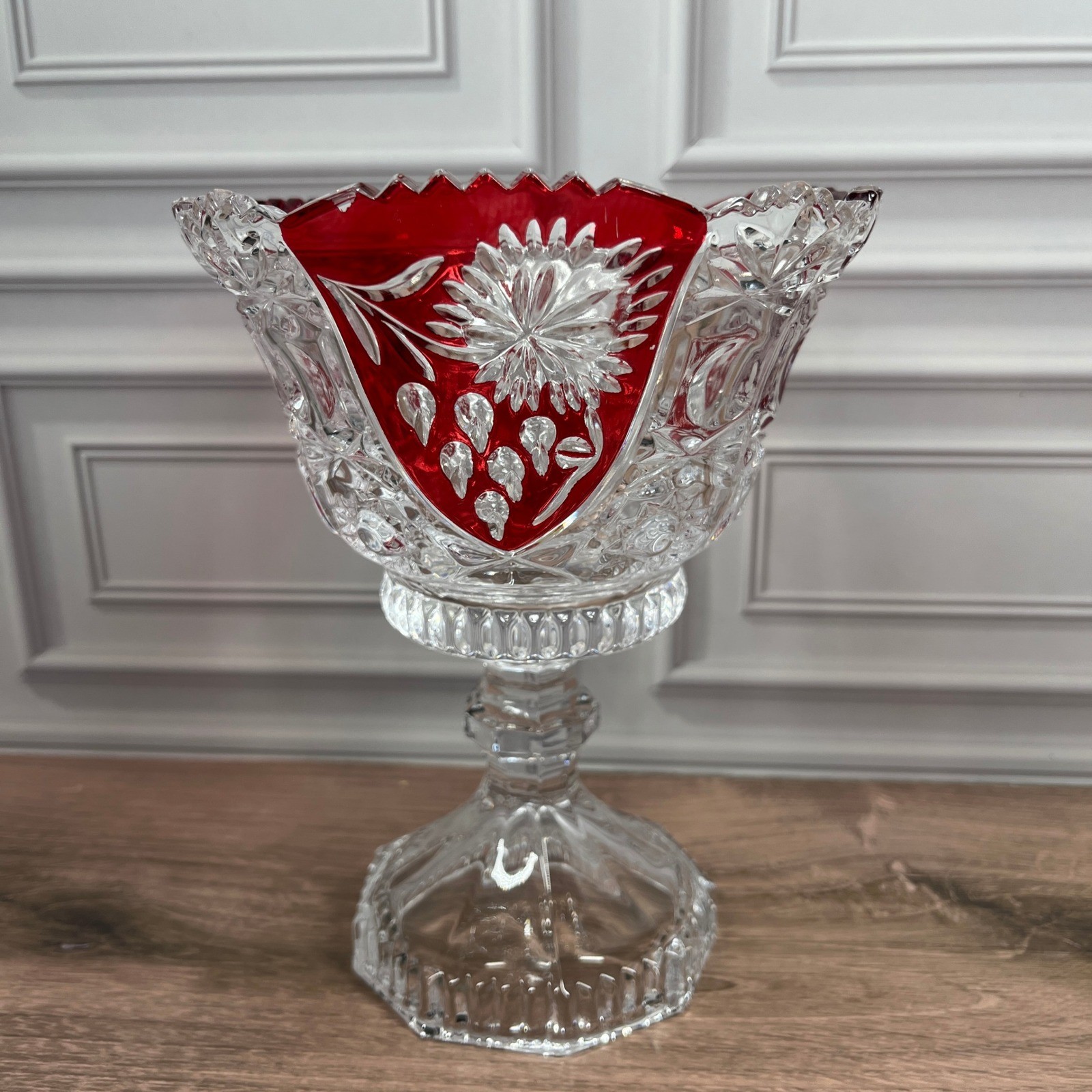 Evita Crystal 3pc Bowl Vase Set Red Clear 24% Lead Crystal Ruby Cut to Clear