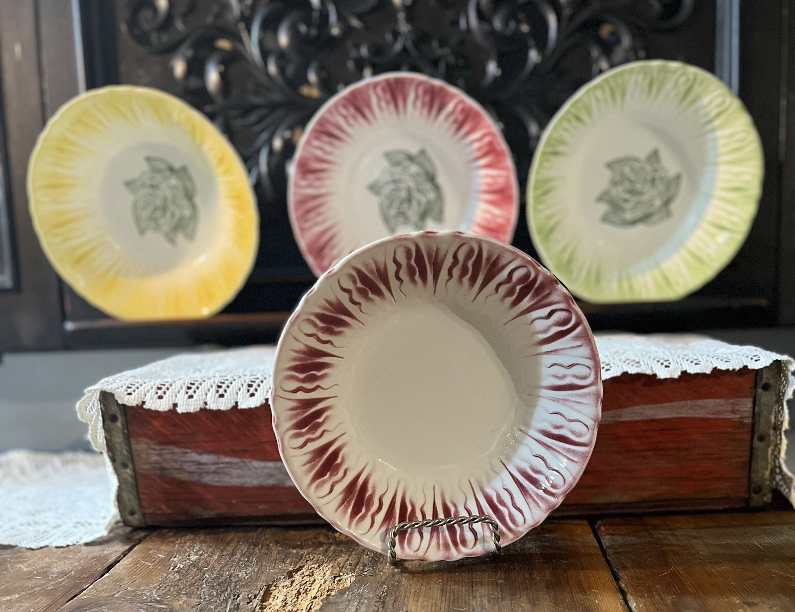 four piece Vintage Scio Rose Pottery Bowls set. yellow, green, & two Burgundy