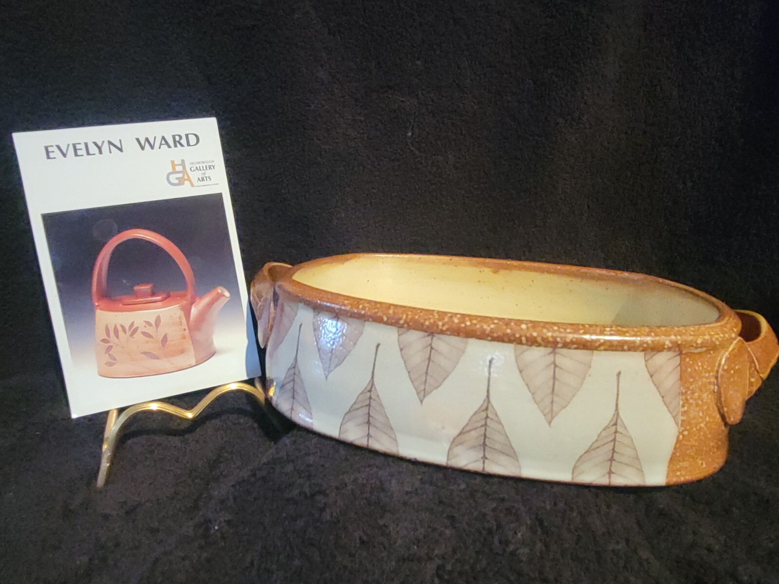 Studio Art Pottery Evelyn Ward North Carolina Dish With Handles Leaf Pattern