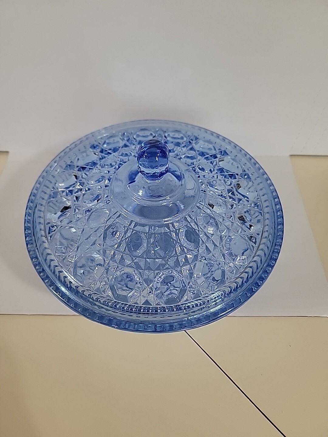 Indiana Glass 7.5 Inches Round Windsor Covered Candy Dish Blue Button Pattern