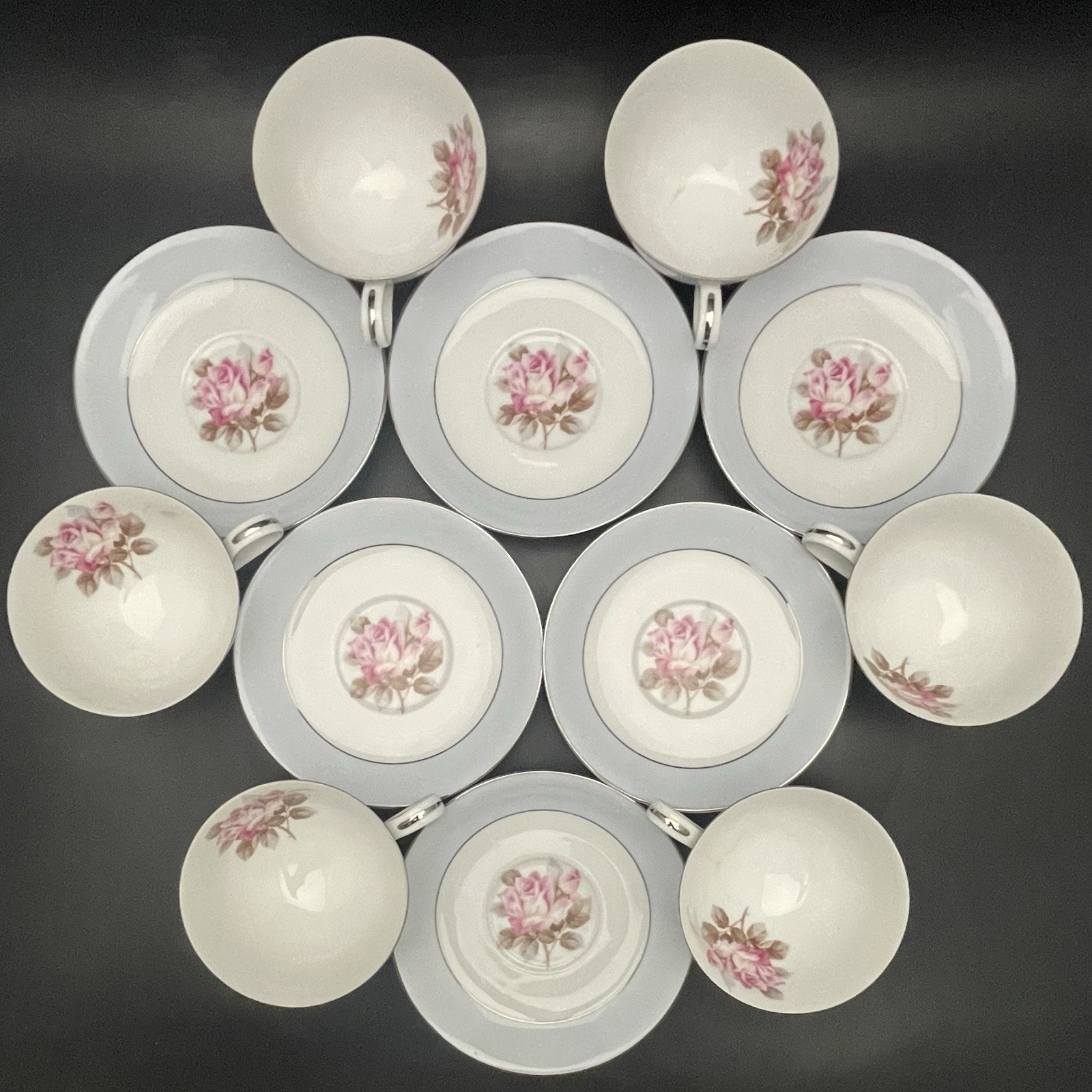 Noritake Nippon Toki Kaisha 1584 Rose Blue Platinum 46pc Dinnerware for 6 c1947