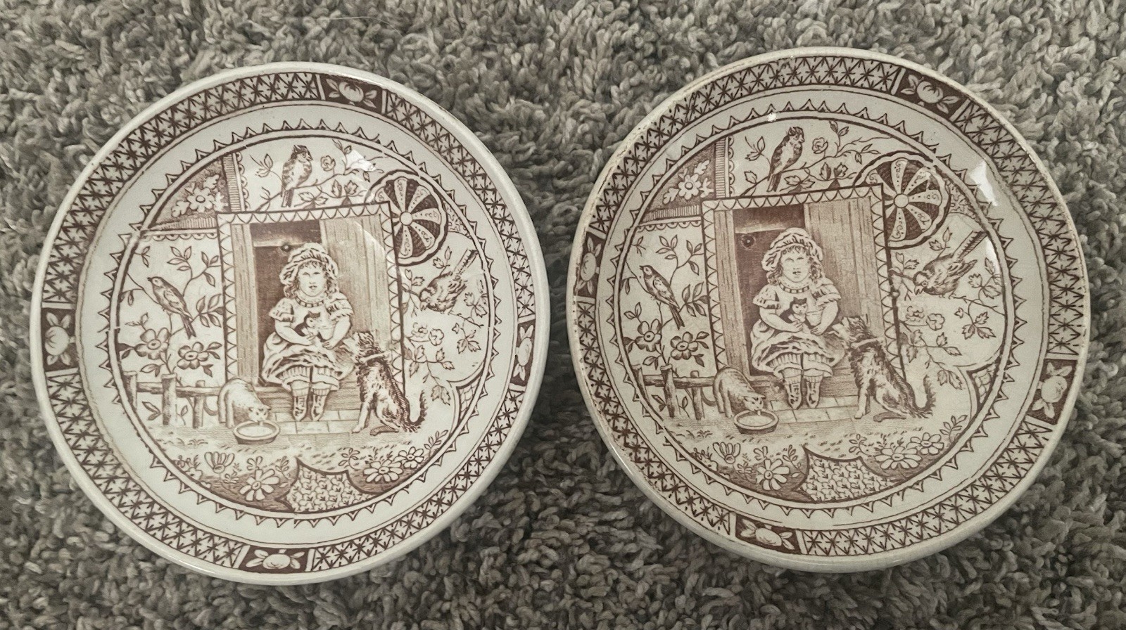 Atq England C.A. & Sons Brown Transferware Bowl Little Mae w/ Dog Set Of 2