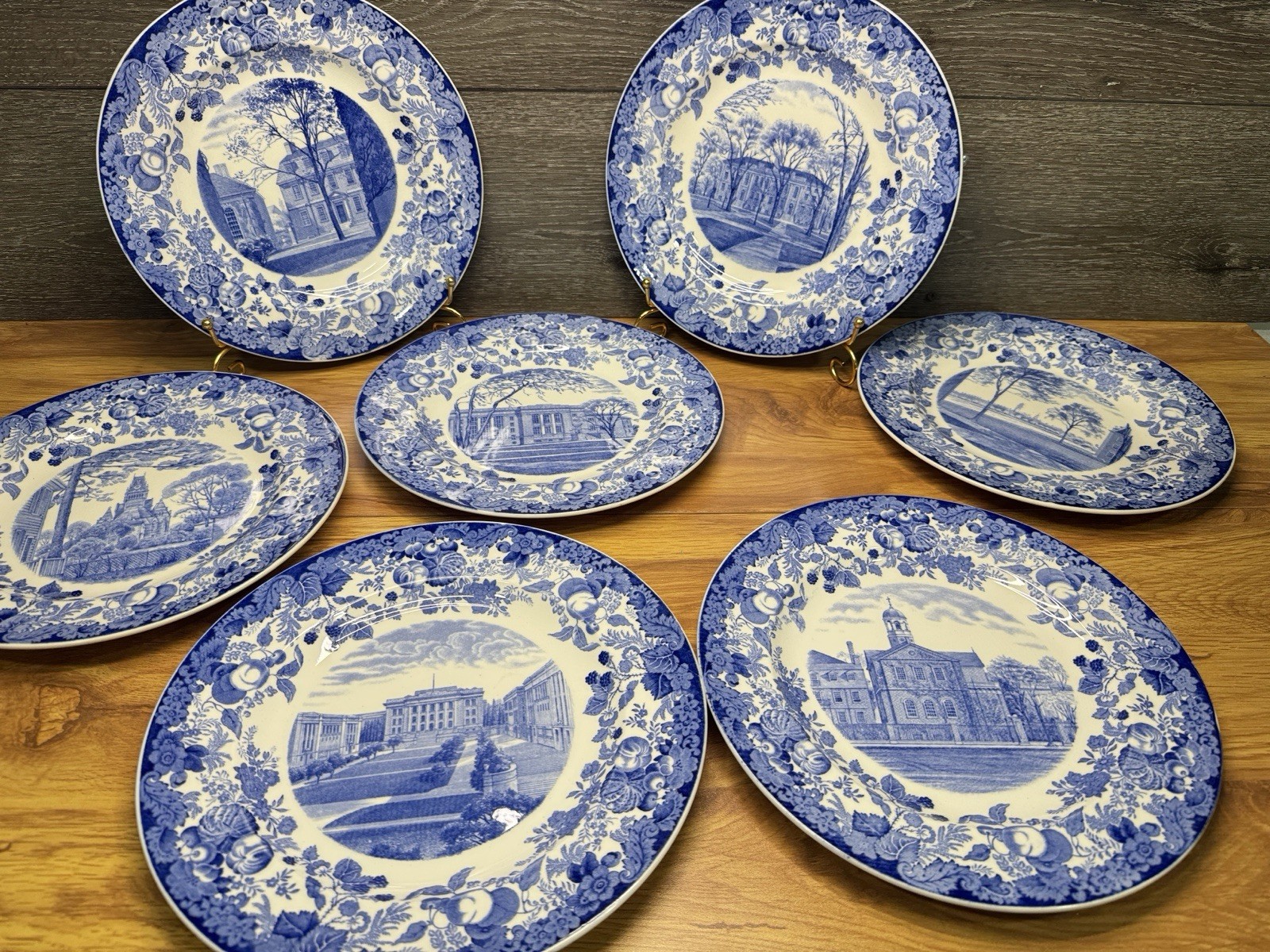 Vintage 1927 Wedgwood Harvard University 10-3/8” Blue Dinner Plates – Set of 7