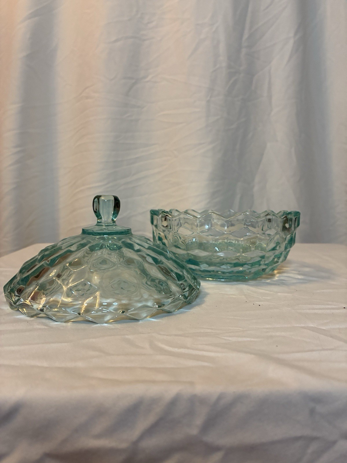 Vintage Indiana Glass Whitehall Colony Aqua Green Candy Dish with Lid