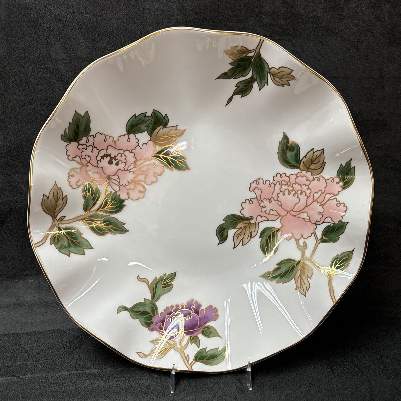 Fitz and Floyd CLOISONNE PEONY White Ruffled Edged Bowl 10 1/8 Inches