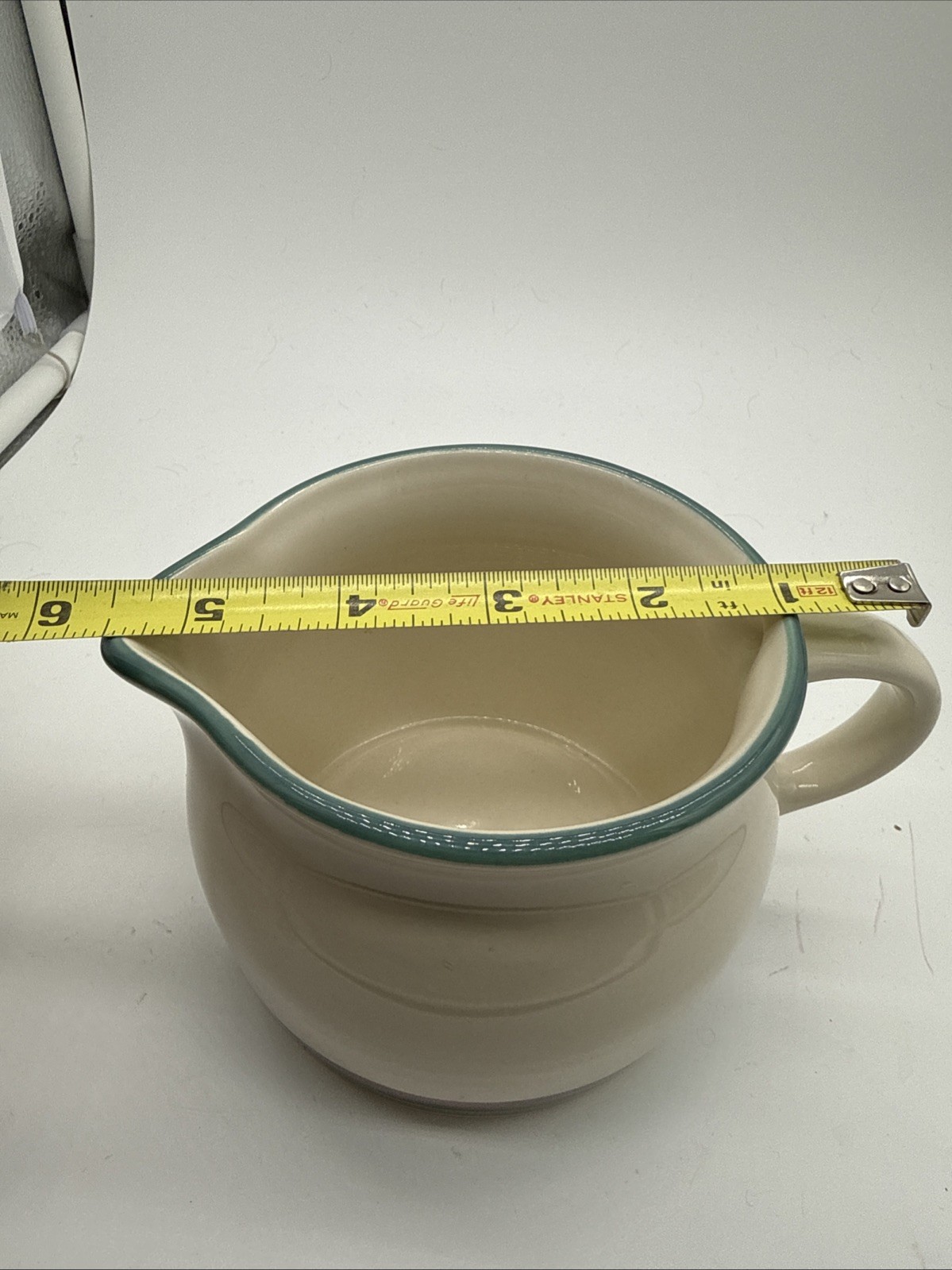 Pfaltzgraff Juniper Creamer Saucer Pitcher Ivory Green / Mauve Bands Made In USA