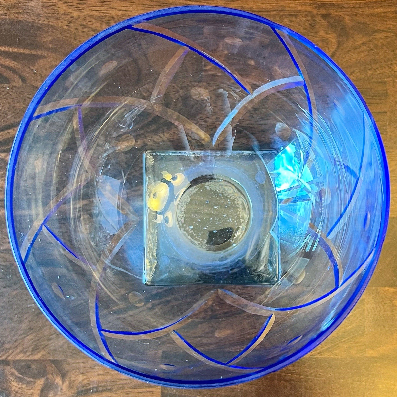 Vintage FTD Cobalt Blue Cut to Clear Art Glass Pedestal Bowl Square Base 6”