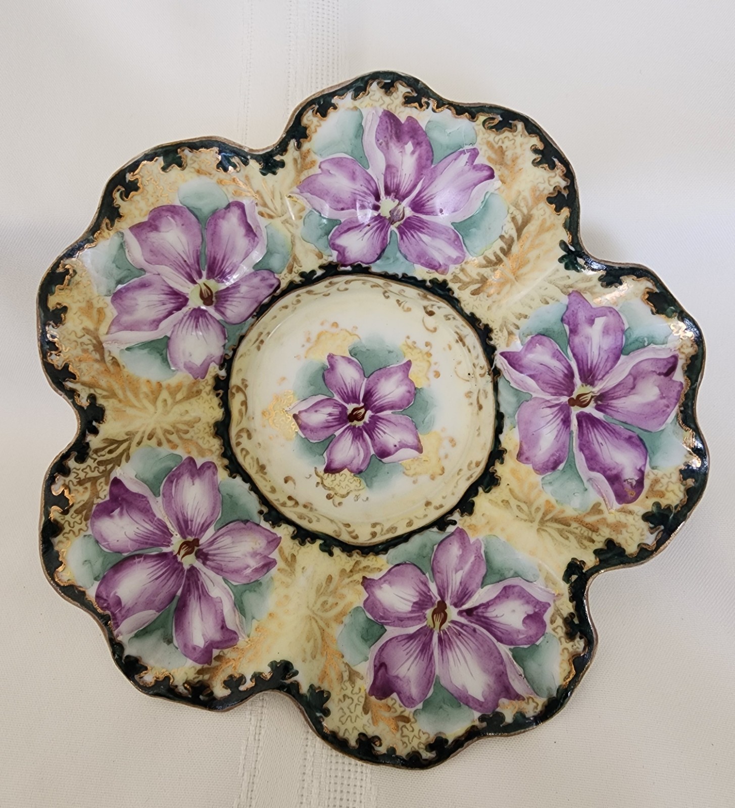Antique Porcelain Hand Painted Purple & Gilded Floral Ftd Scalloped Bowl 8×2.25