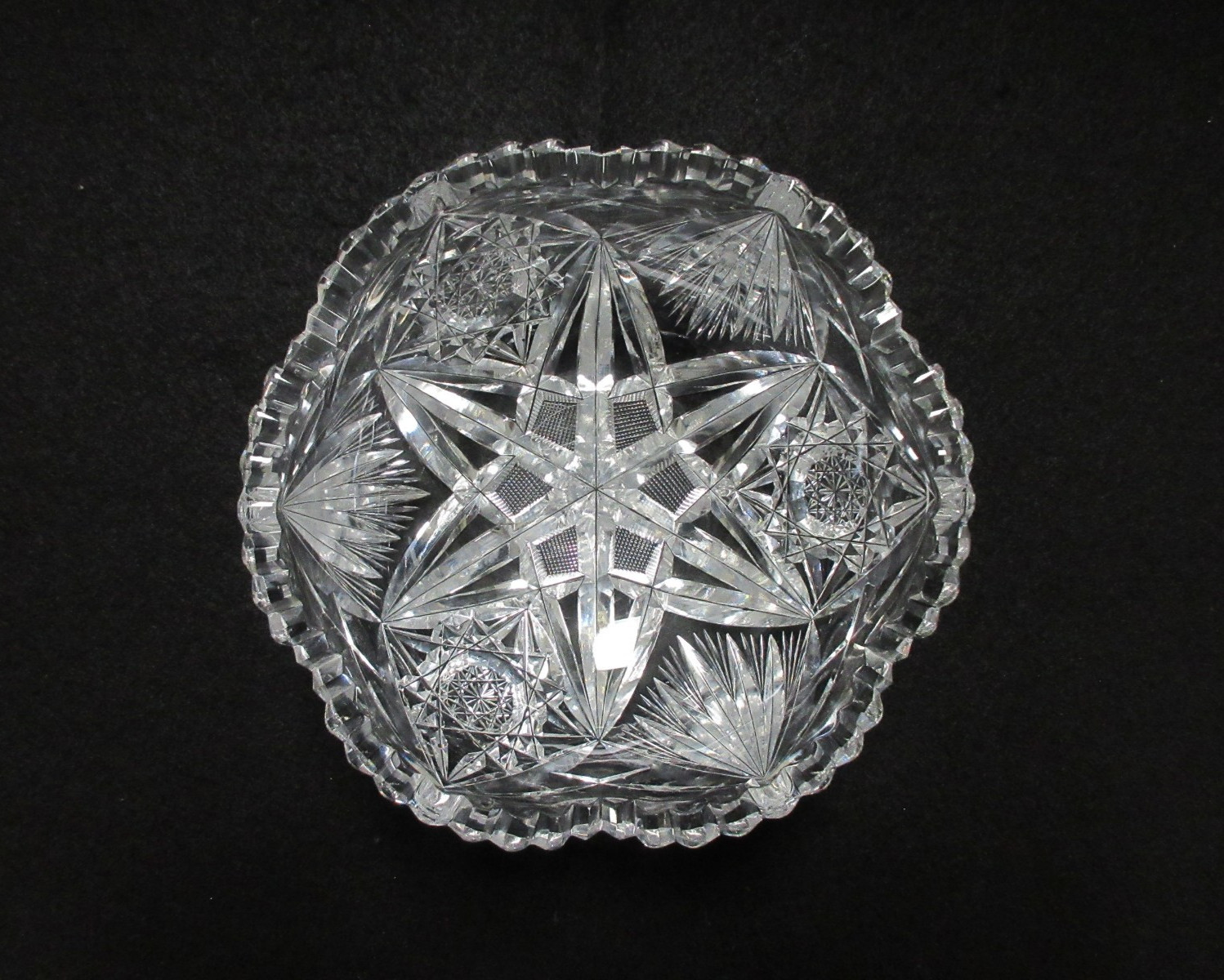 American Brilliant (ABP) Heavy Cut Glass 7” Star/Fans/Hobstars Center/Fruit Bowl