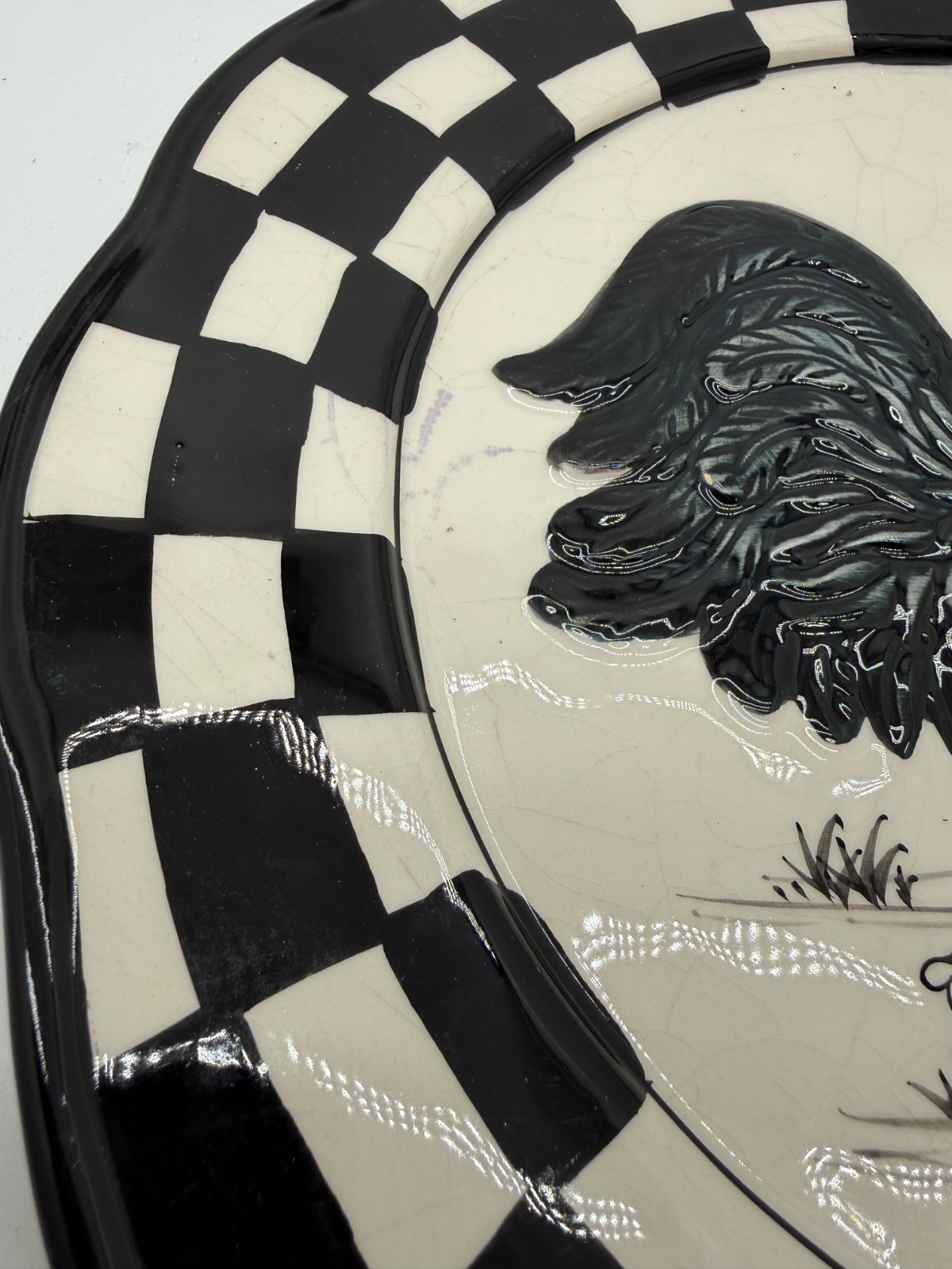 Decorative Rooster Plate with Black & White Checkered Border Home Decor Chicken