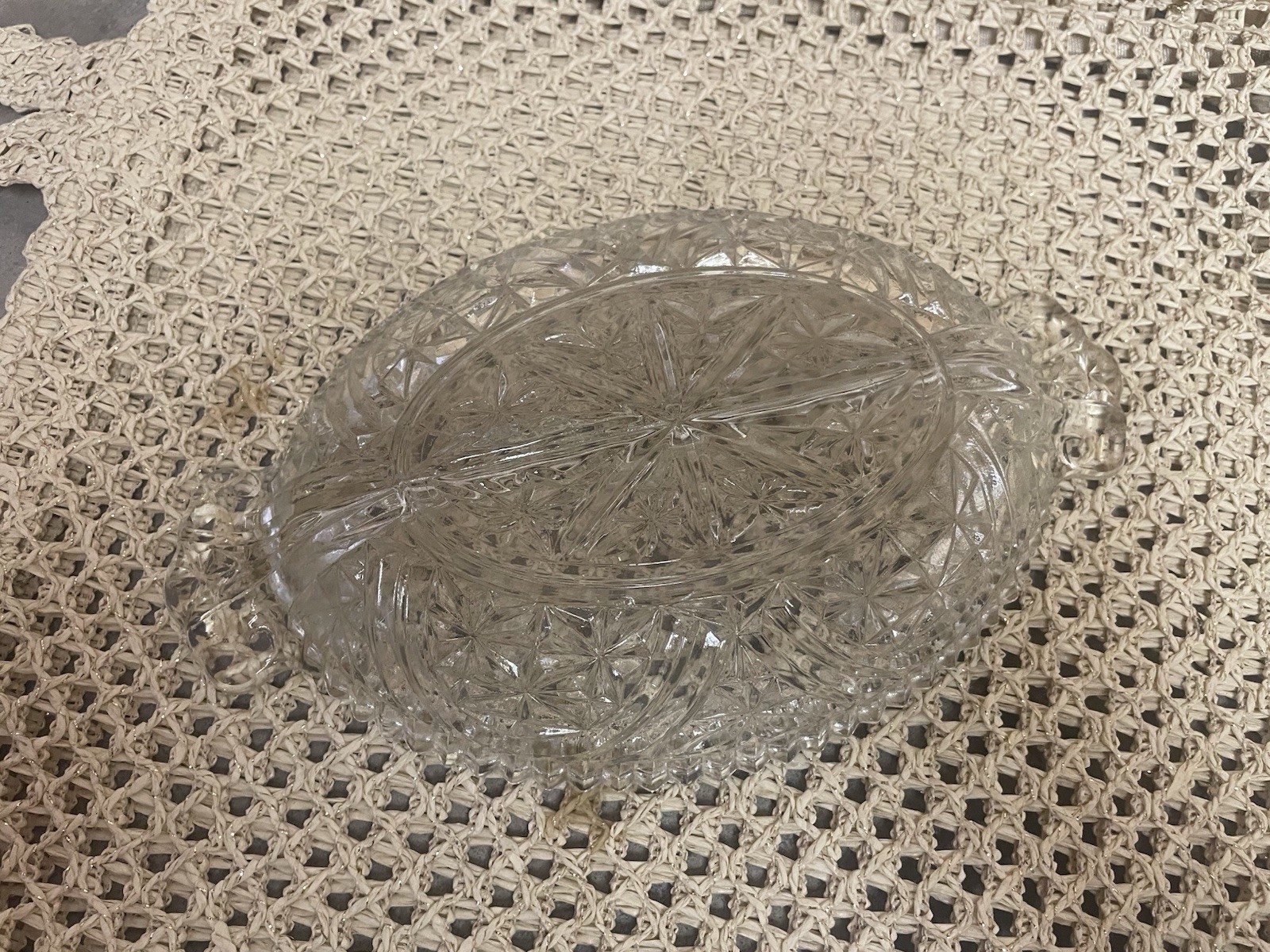 Oval Divided Clear Pressed Cut Glass Relish Candy Dish with Handles 10” Vintage