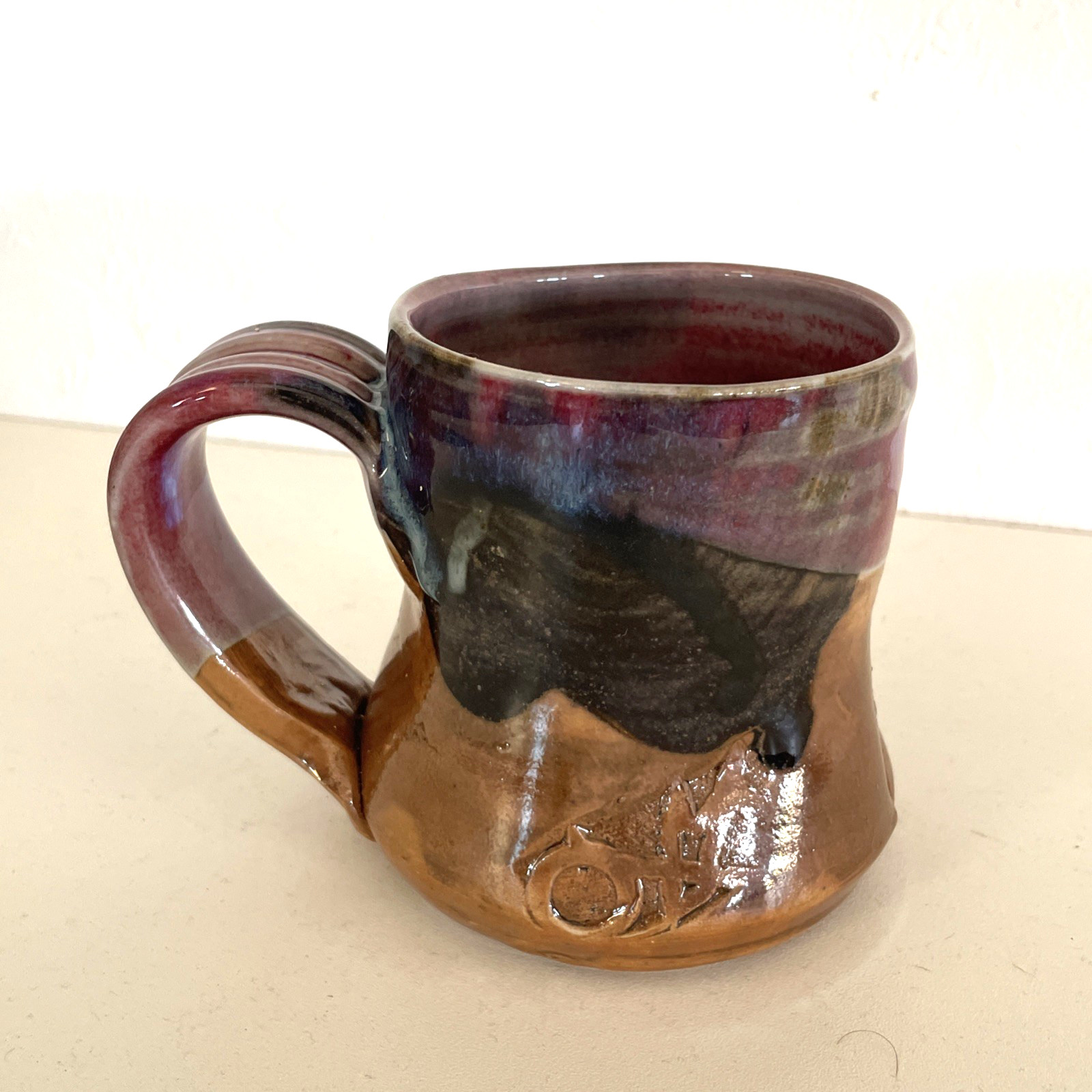 Vtg 15oz Studio Art Pottery Coffee Mug Cup Brown Red Blue Glaze Hand Thrown